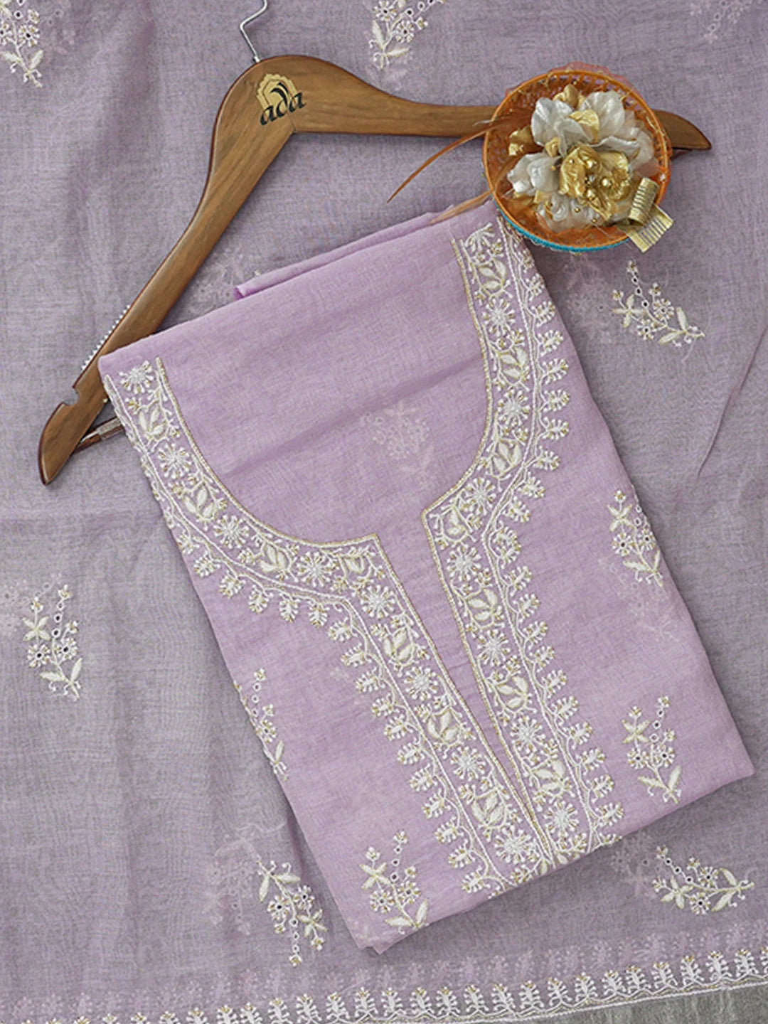 Ada Hand Embroidered Mauve Tissue Lucknowi Chikankari Unstitched Kurta Dupatta Set With Zari Work 01A609622