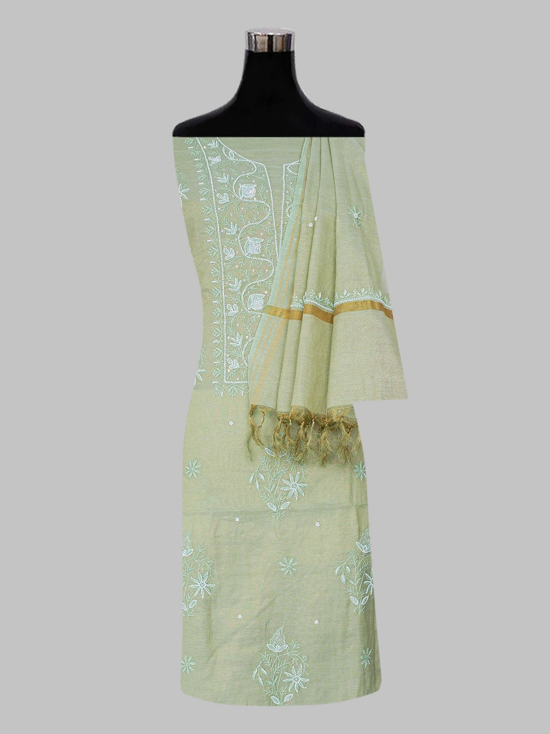 Ada Hand Embroidered Asparagus Green Tissue Lucknowi Chikankari Unstitched Kurta Dupatta Set With Pearl Work 01A614219