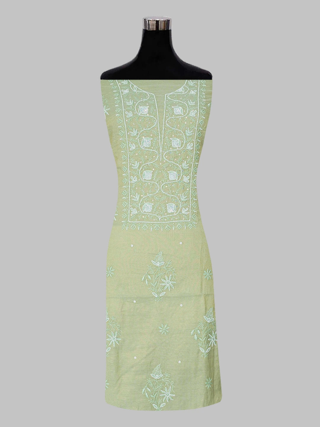Ada Hand Embroidered Asparagus Green Tissue Lucknowi Chikankari Unstitched Kurta Dupatta Set With Pearl Work 01A614219