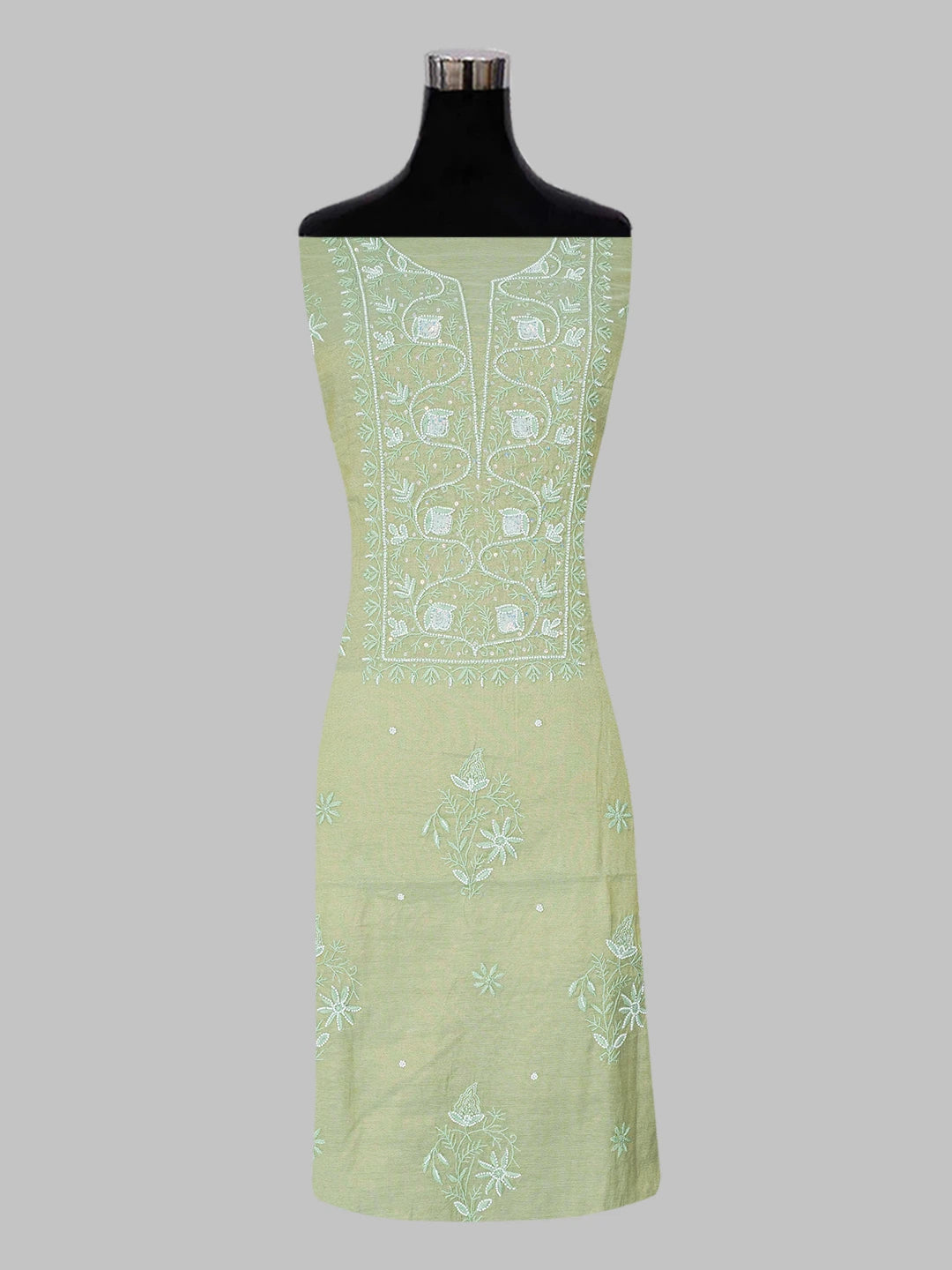 Ada Hand Embroidered Asparagus Green Tissue Lucknowi Chikankari Unstitched Kurta Dupatta Set With Pearl Work 01A614219