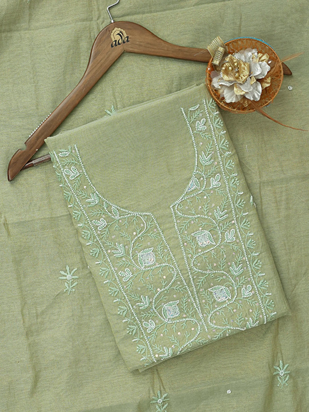 Ada Hand Embroidered Asparagus Green Tissue Lucknowi Chikankari Unstitched Kurta Dupatta Set With Pearl Work 01A614219