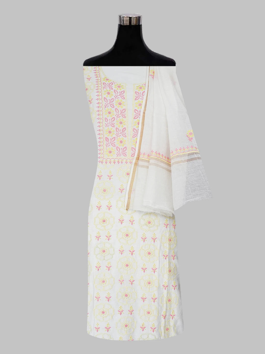 Ada Hand Embroidered Cream Chanderi Lucknowi Chikankari Unstitched Kurta Dupatta Set 01A467974