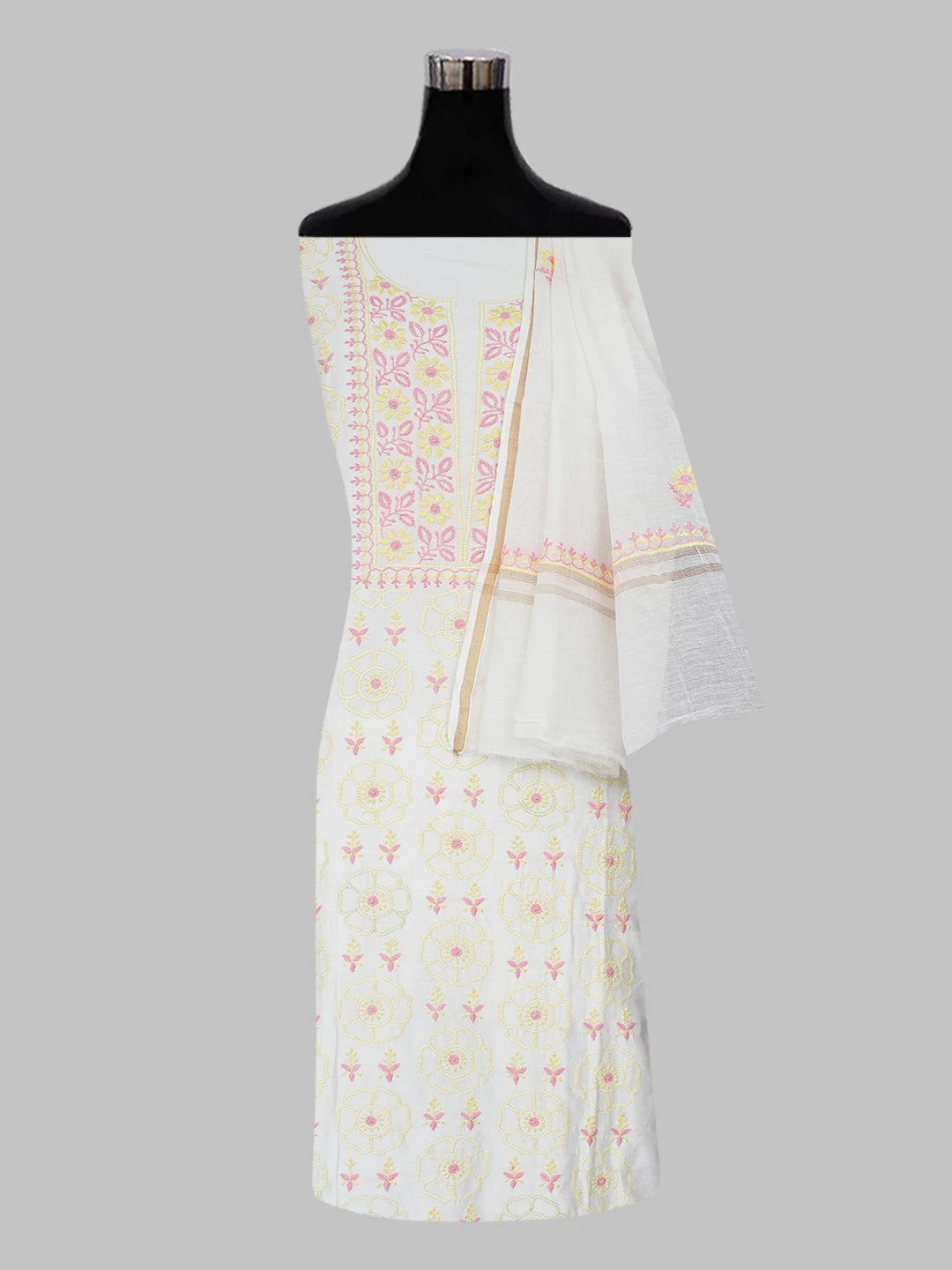 Ada Hand Embroidered Cream Chanderi Lucknowi Chikankari Unstitched Kurta Dupatta Set 01A467974
