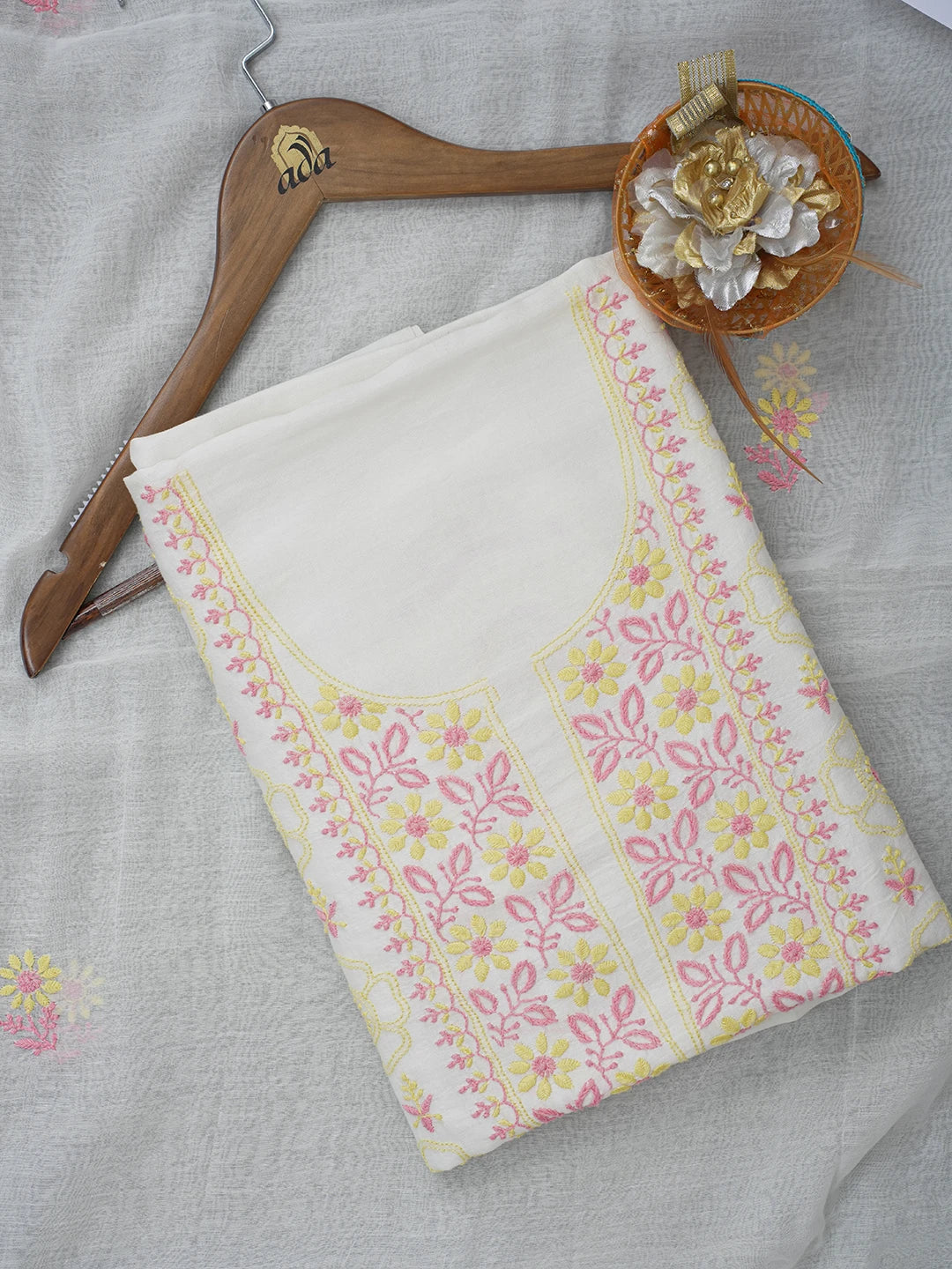 Ada Hand Embroidered Cream Chanderi Lucknowi Chikankari Unstitched Kurta Dupatta Set 01A467974