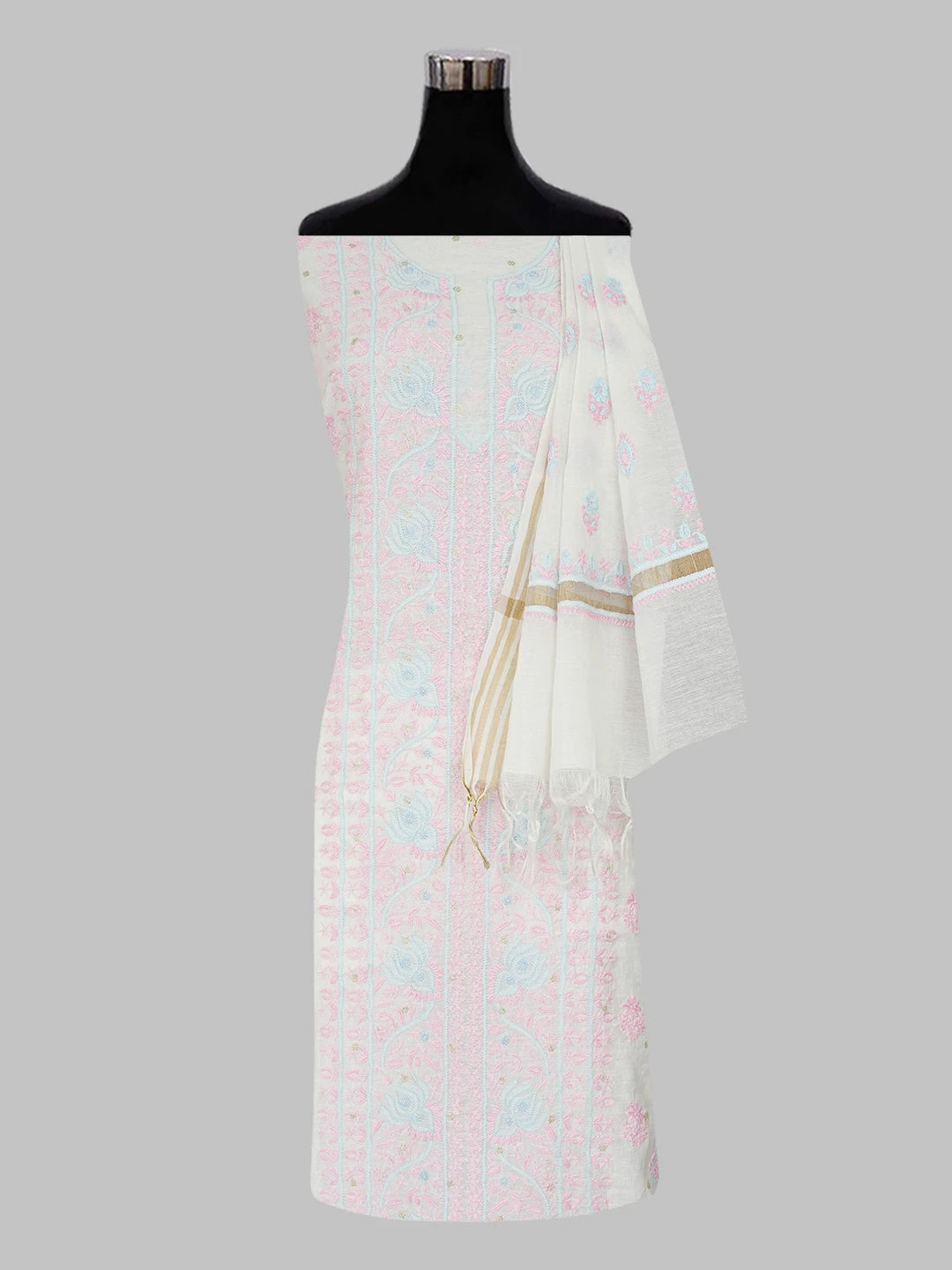 Ada Hand Embroidered Cosmic Latte White Chanderi Lucknowi Chikankari Unstitched Kurta Dupatta Set 01A596095