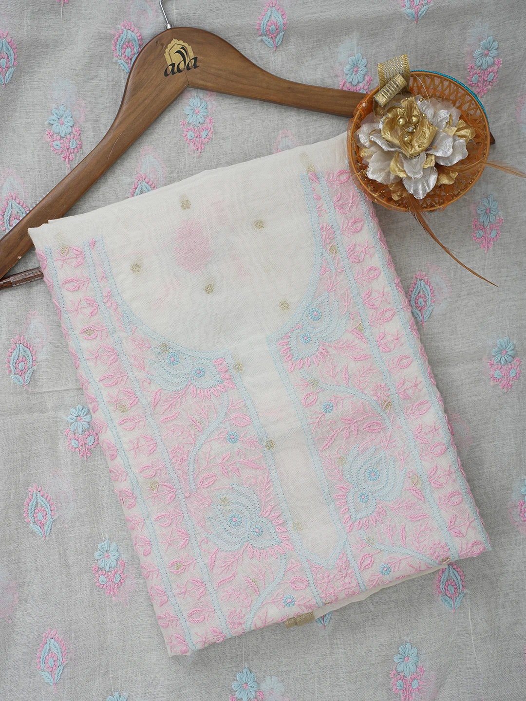 Ada Hand Embroidered Cosmic Latte White Chanderi Lucknowi Chikankari Unstitched Kurta Dupatta Set 01A596095