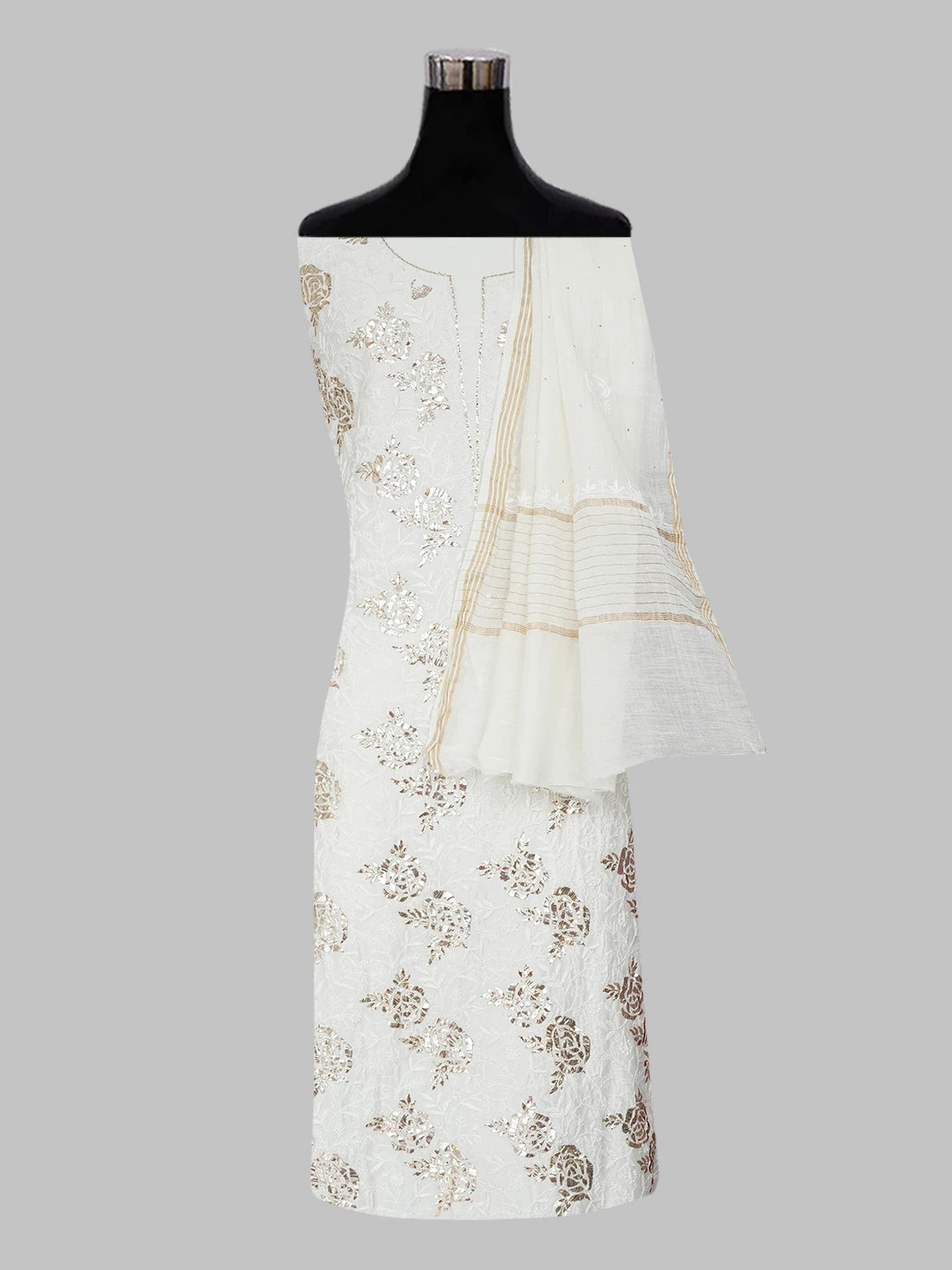 Ada Hand Embroidered White Chanderi Chikankari Unstitched Kurta Dupatta Set with Muqaish Work 01A548476
