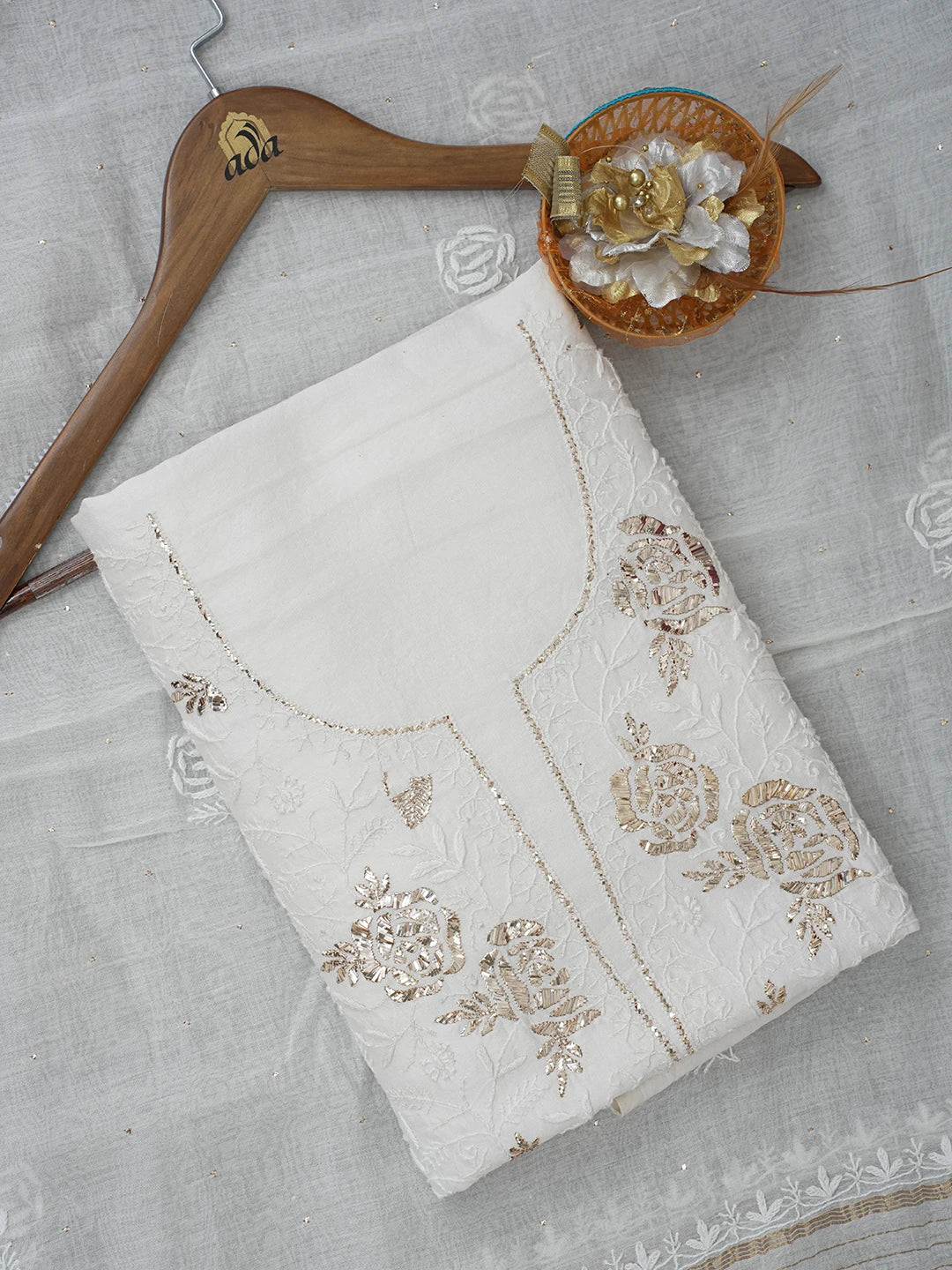 Ada Hand Embroidered White Chanderi Chikankari Unstitched Kurta Dupatta Set with Muqaish Work 01A548476