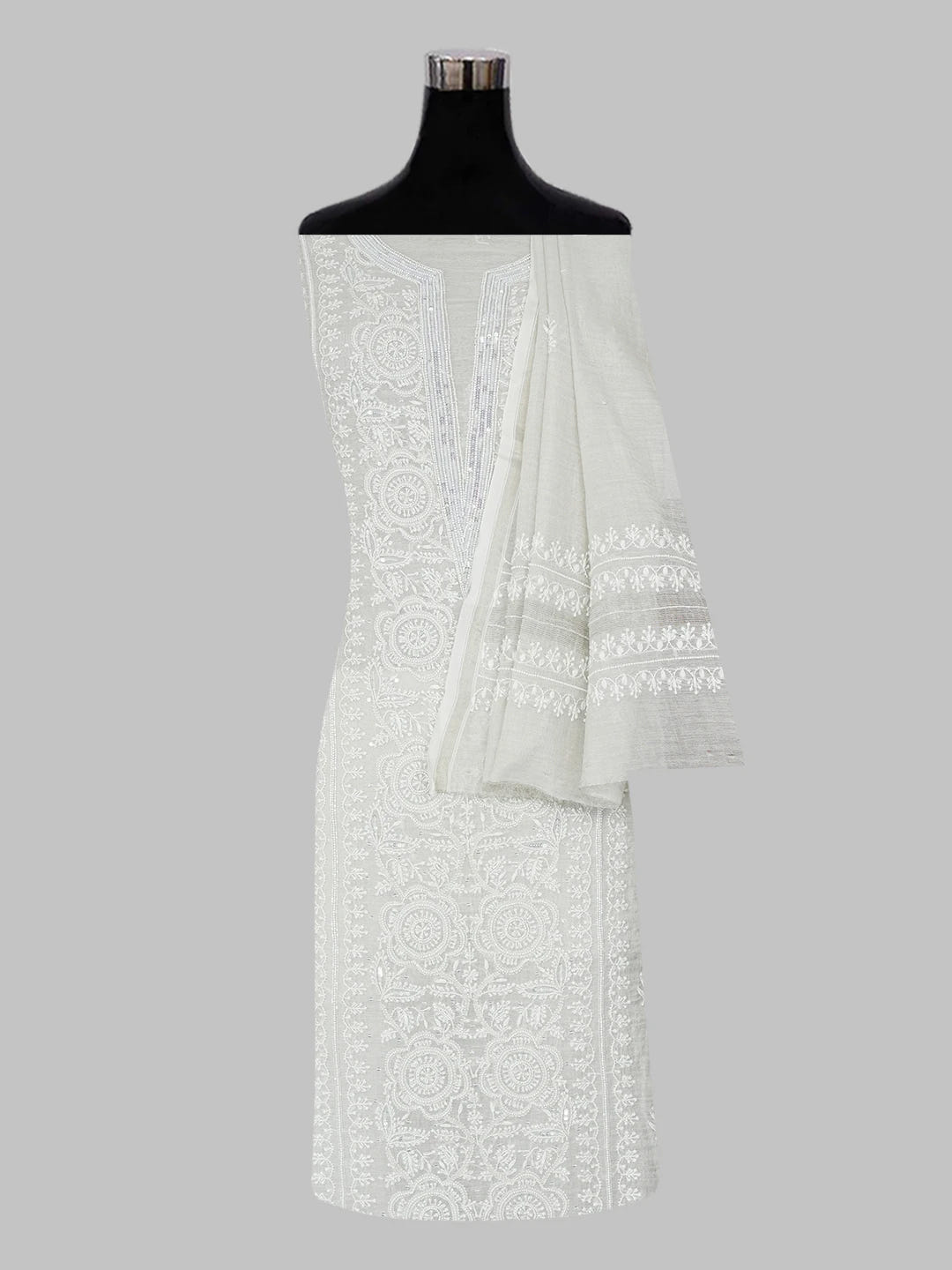 Ada Hand Embroidered Grey Tissue Lucknowi Chikankari Unstitched Kurta Dupatta Set With Pearl Work 01A604661