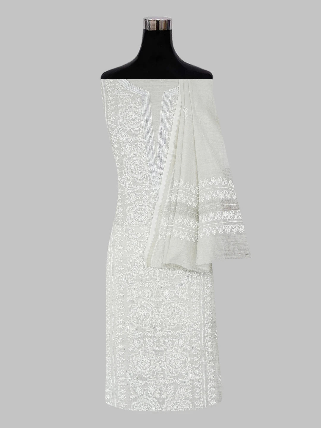 Ada Hand Embroidered Grey Tissue Lucknowi Chikankari Unstitched Kurta Dupatta Set With Pearl Work 01A604661