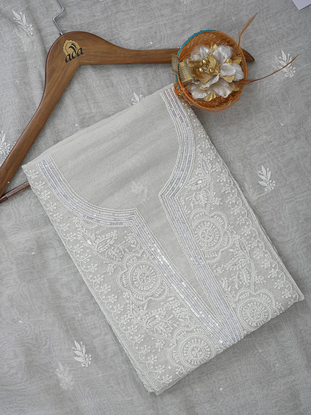 Ada Hand Embroidered Grey Tissue Lucknowi Chikankari Unstitched Kurta Dupatta Set With Pearl Work 01A604661