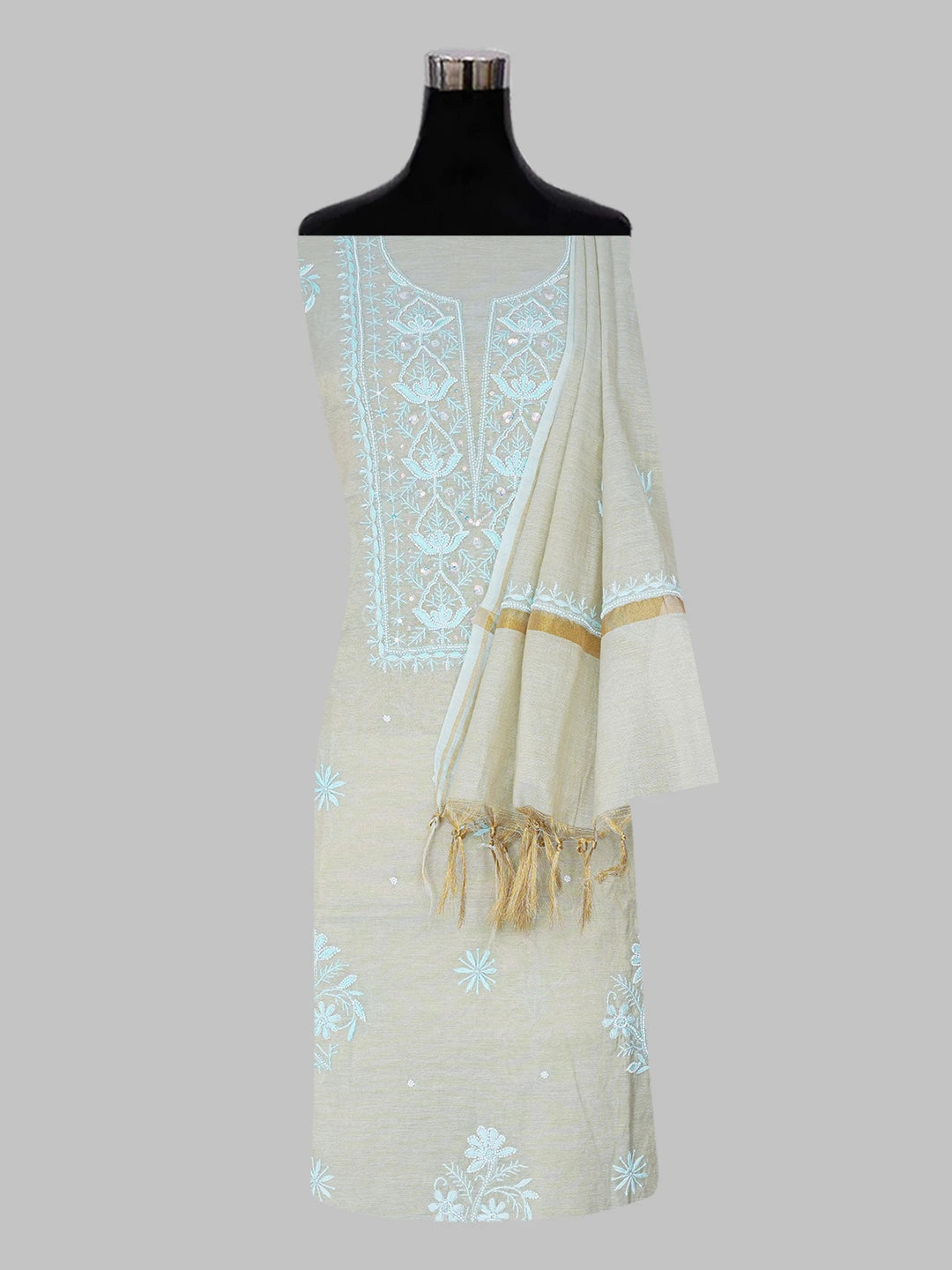 Ada Hand Embroidered Fallow Brown Tissue Chikankari Unstitched Kurta Dupatta Set with Pearl and Sequinned Work 01A614216