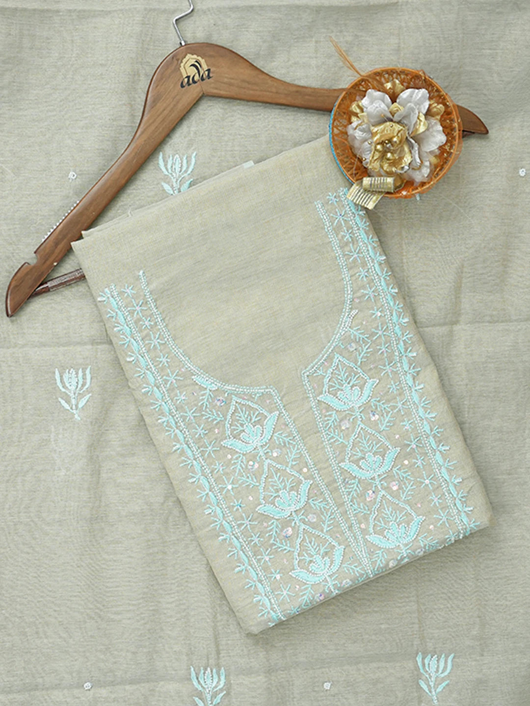 Ada Hand Embroidered Fallow Brown Tissue Chikankari Unstitched Kurta Dupatta Set with Pearl and Sequinned Work 01A614216