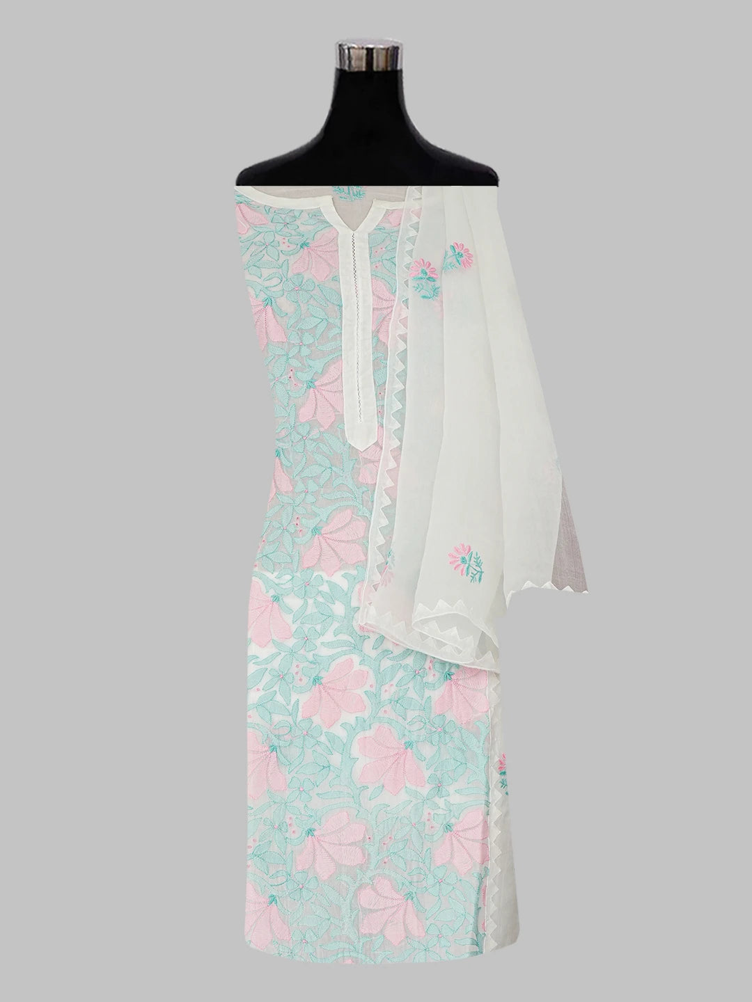Ada Hand Embroidered White Organza Lucknowi Chikankari Semi stitched Kurta Dupatta Set 01A605866