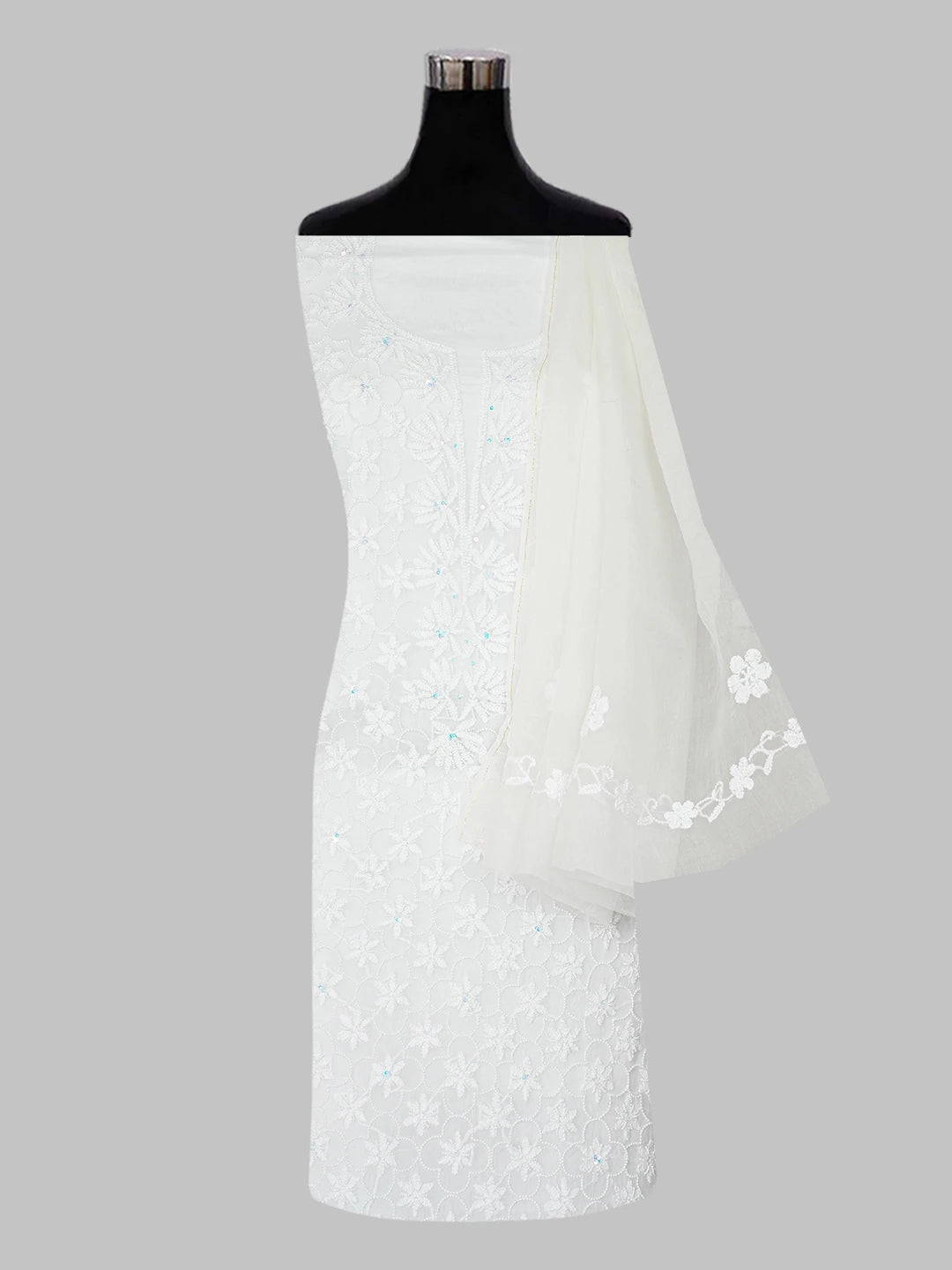 Ada Hand Embroidered White Organza Lucknowi Chikankari Unstitched Kurta Dupatta Set With Pearl Work 01A598628