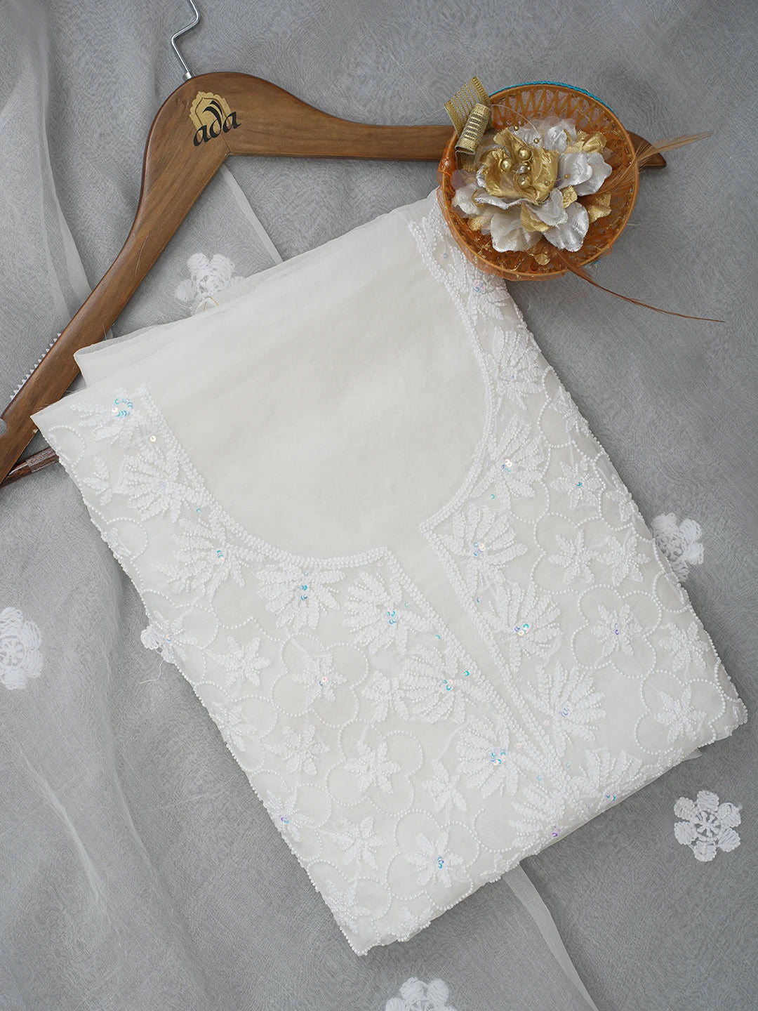 Ada Hand Embroidered White Organza Lucknowi Chikankari Unstitched Kurta Dupatta Set With Pearl Work 01A598628