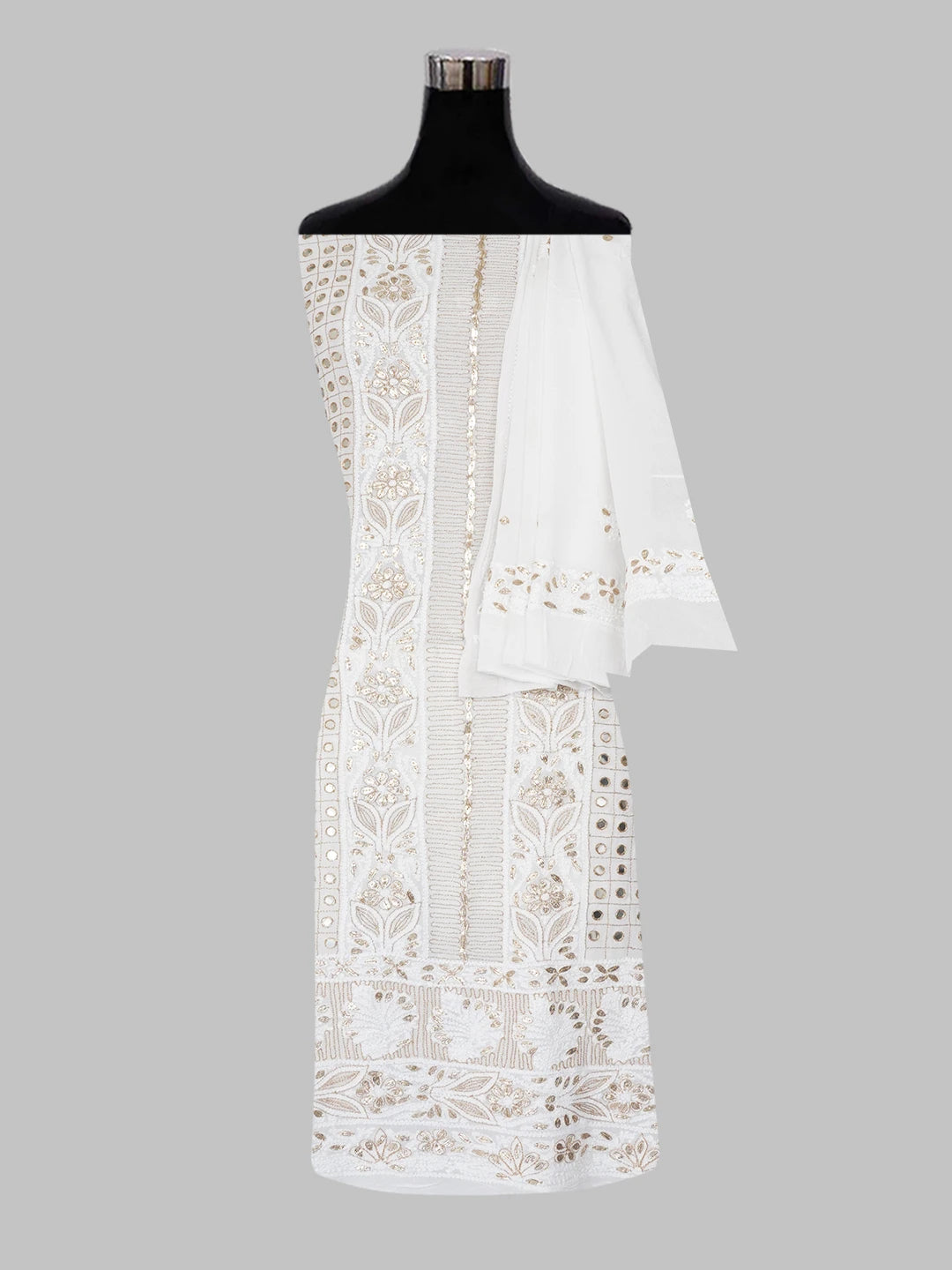 Ada Hand Embroidered White Viscose Georgette Lucknowi Chikankari Unstitched Kurta Dupatta Set with Mirror and Gota Patti Work 01A608451