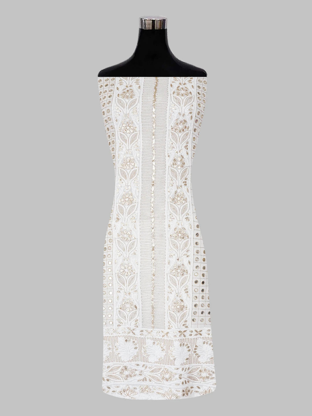 Ada Hand Embroidered White Viscose Georgette Lucknowi Chikankari Unstitched Kurta Dupatta Set with Mirror and Gota Patti Work 01A608451