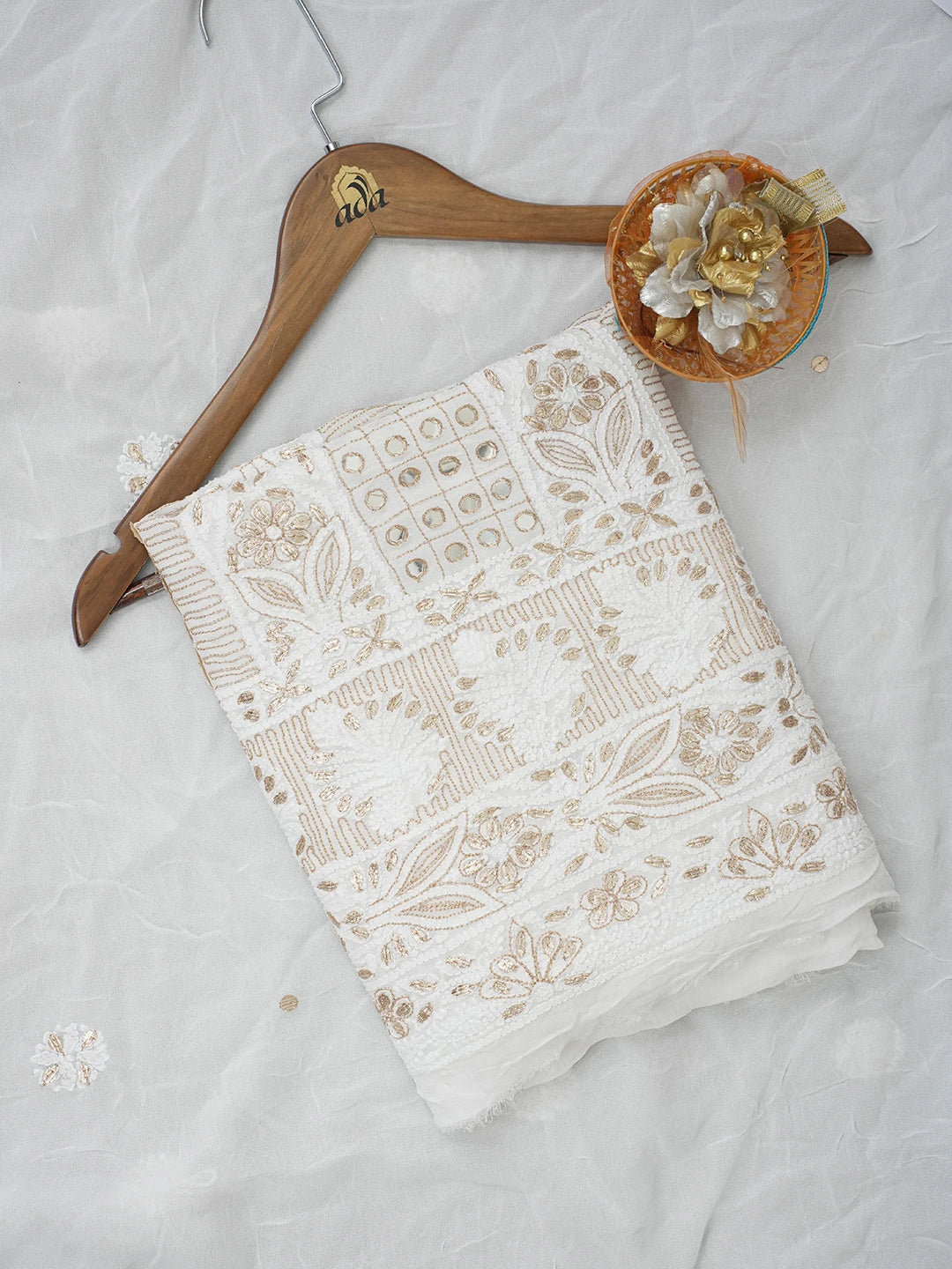 Ada Hand Embroidered White Viscose Georgette Lucknowi Chikankari Unstitched Kurta Dupatta Set with Mirror and Gota Patti Work 01A608451