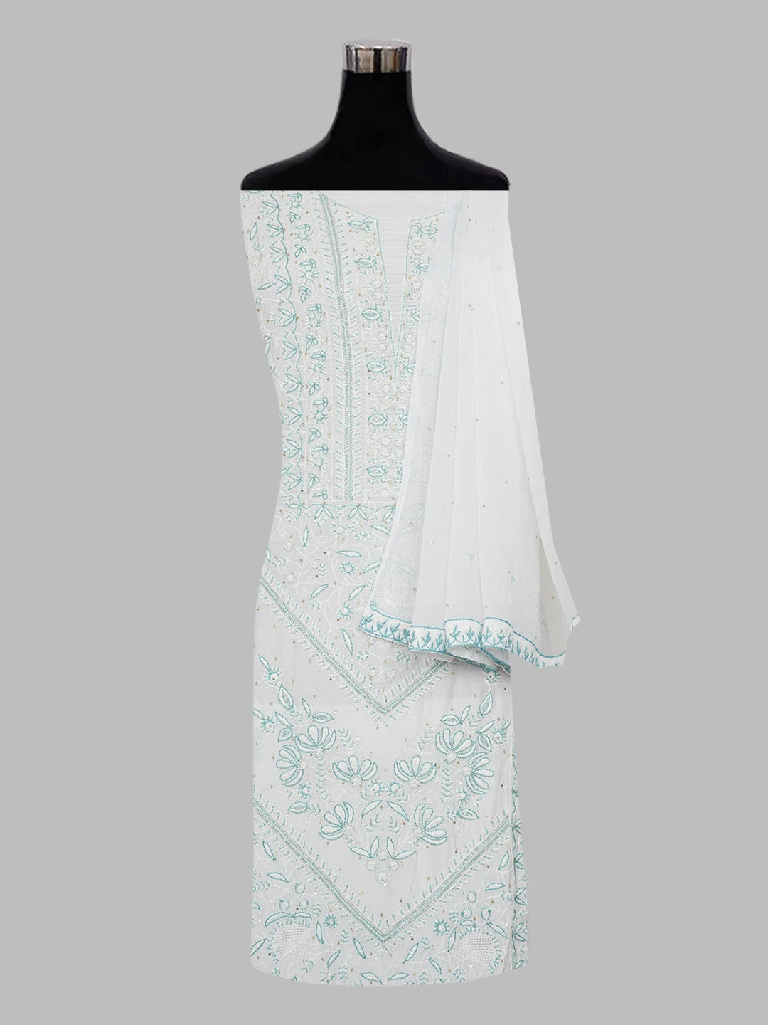 Ada Hand Embroidered White Maslin Lucknowi Chikankari Unstitched Suit Piece with Cutdana and Sequinned Work 01A488121