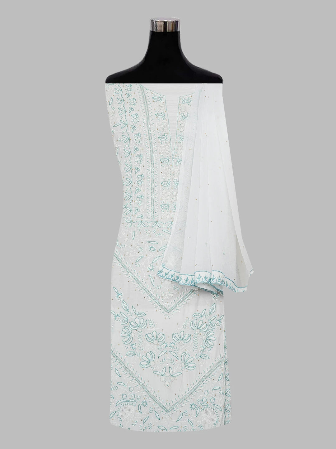 Ada Hand Embroidered White Maslin Lucknowi Chikankari Unstitched Suit Piece with Cutdana and Sequinned Work 01A488121