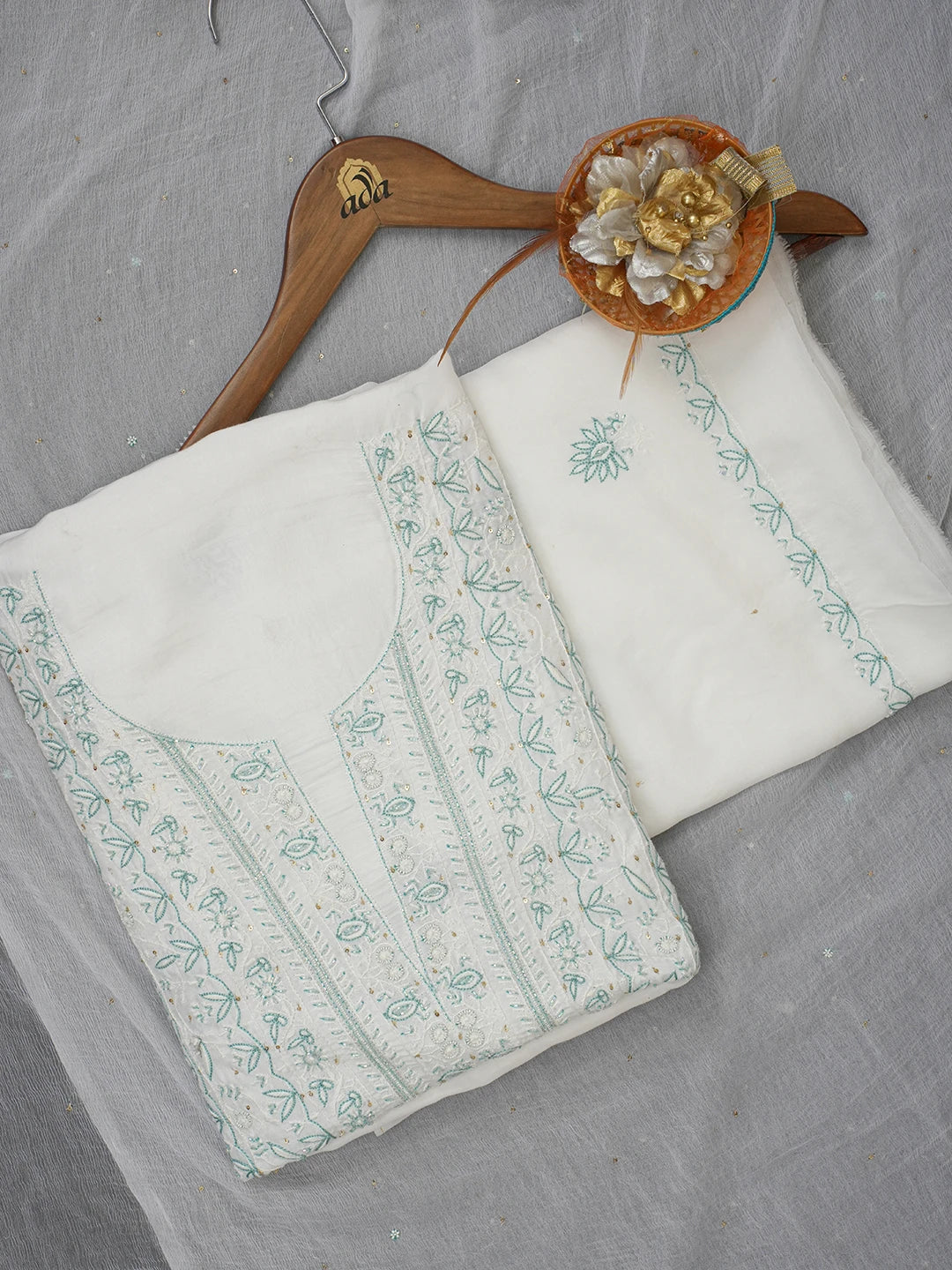 Ada Hand Embroidered White Maslin Lucknowi Chikankari Unstitched Suit Piece with Cutdana and Sequinned Work 01A488121