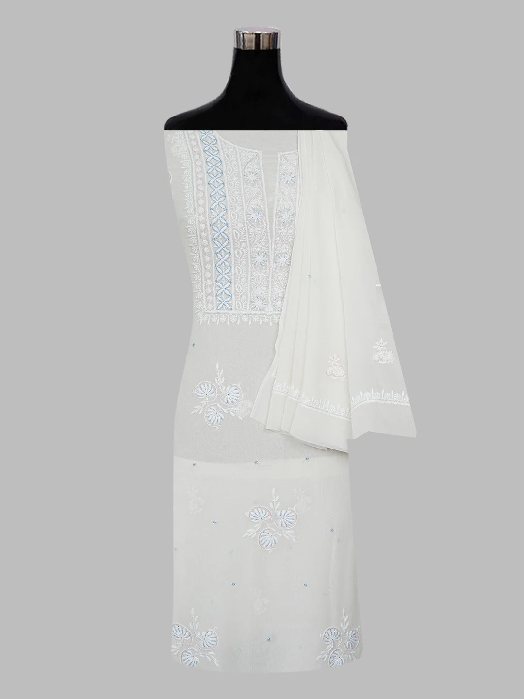 Ada Hand Embroidered White Pure Georgette Lucknowi Chikankari Unstitched Kurta Dupatta Set with Cutdana Work 01A240632