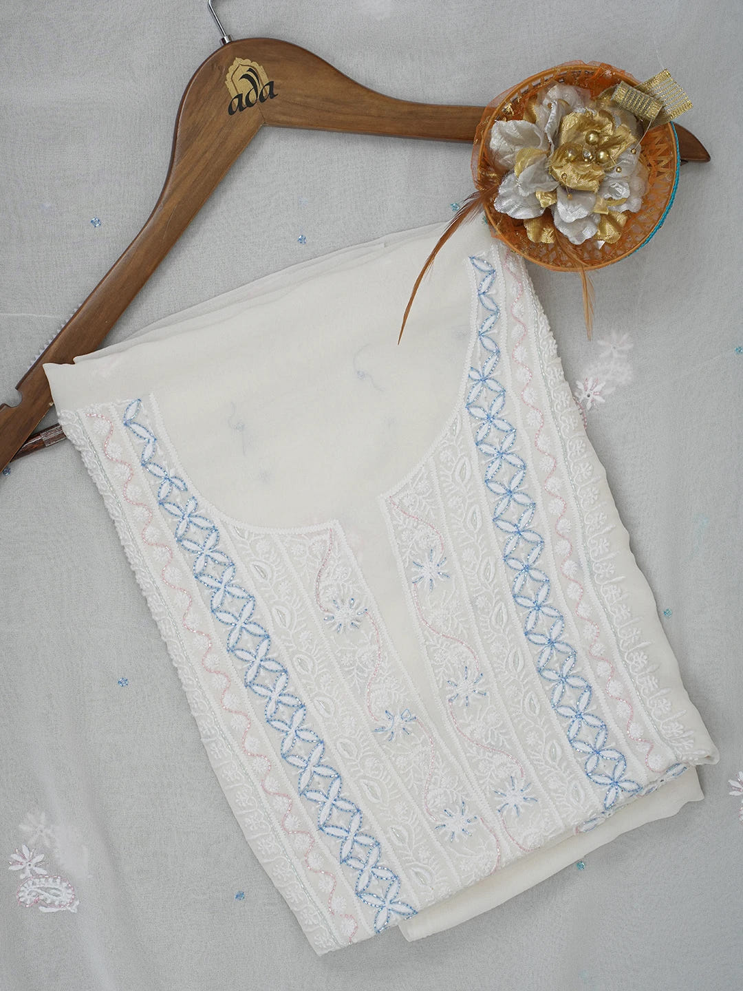 Ada Hand Embroidered White Pure Georgette Lucknowi Chikankari Unstitched Kurta Dupatta Set with Cutdana Work 01A240632