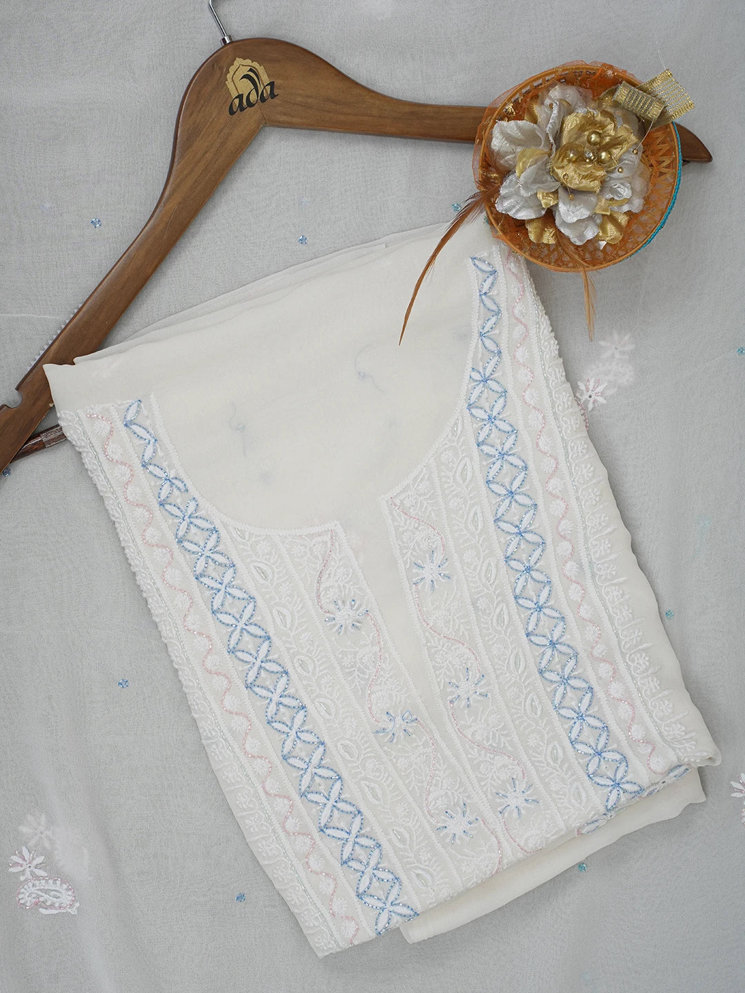 Ada Hand Embroidered White Pure Georgette Lucknowi Chikankari Unstitched Kurta Dupatta Set with Cutdana Work 01A240632