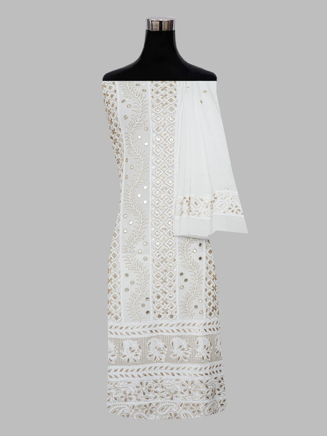 Ada Hand Embroidered White Viscose Georgette Lucknowi Chikankari Unstitched Kurta Dupatta Set with Pearl and Gota Patti Work 01A559606
