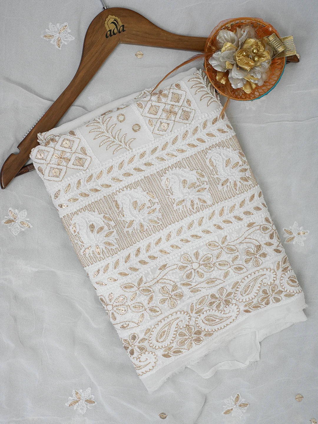 Ada Hand Embroidered White Viscose Georgette Lucknowi Chikankari Unstitched Kurta Dupatta Set with Pearl and Gota Patti Work 01A559606