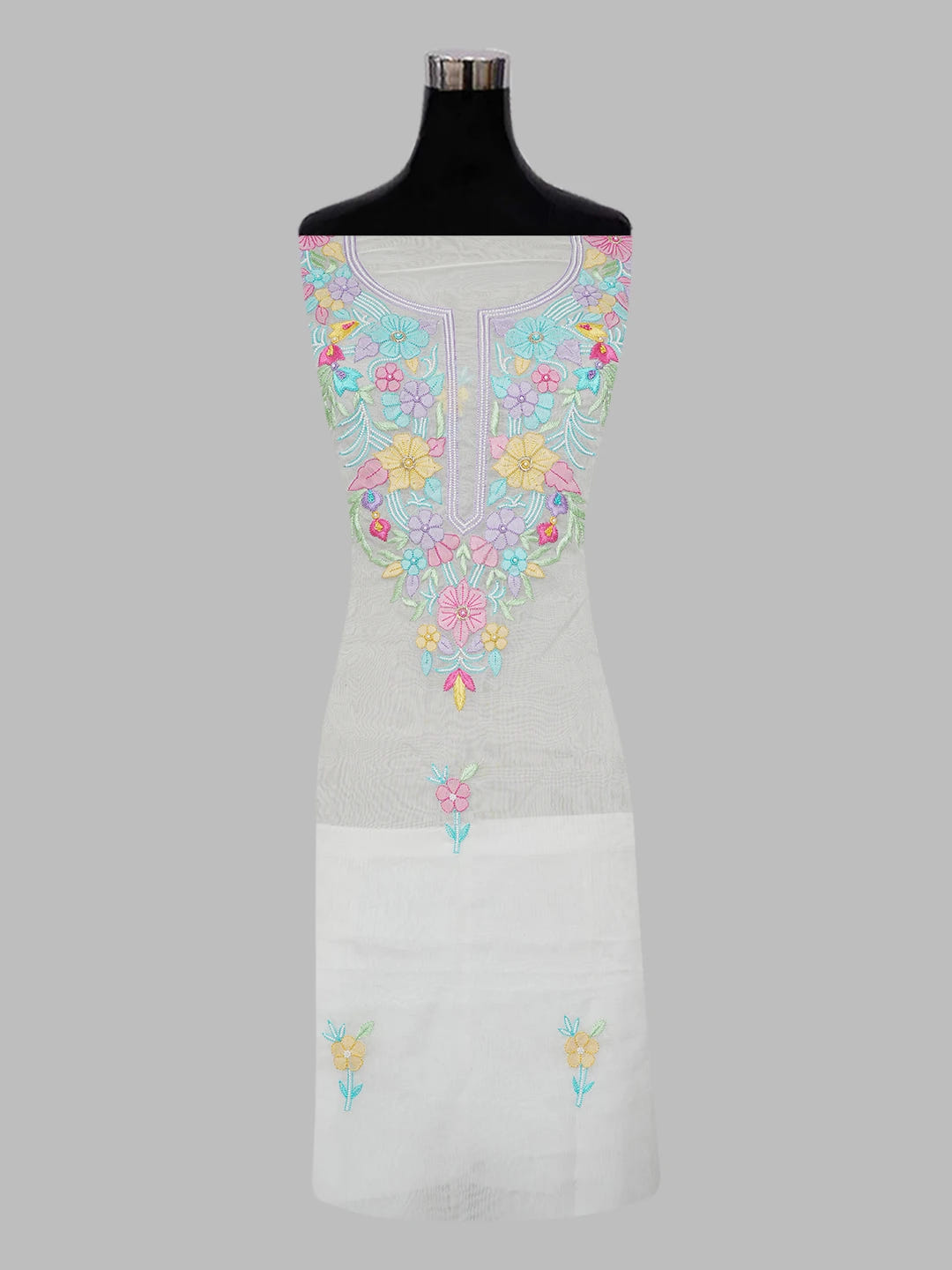 Ada Hand Embroidered White Organza Lucknowi Chikankari Unstitched Kurta Dupatta Set With Parsi Work 01A614752