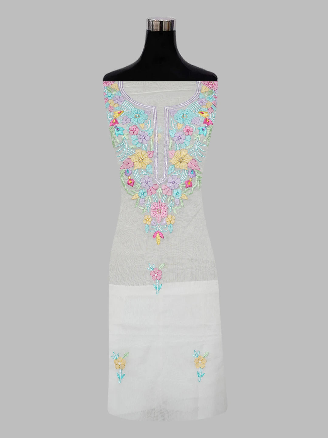 Ada Hand Embroidered White Organza Lucknowi Chikankari Unstitched Kurta Dupatta Set With Parsi Work 01A614752