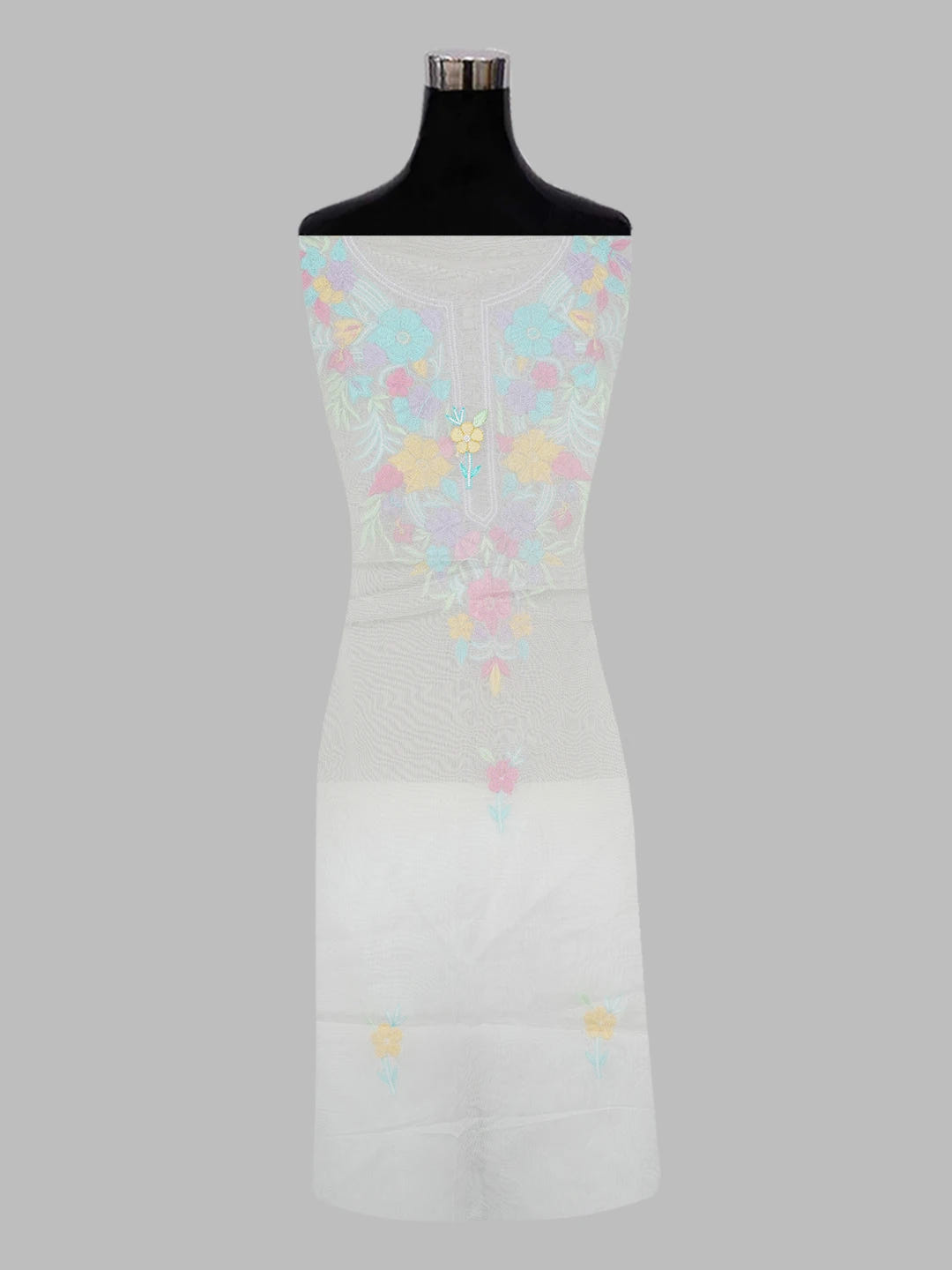Ada Hand Embroidered White Organza Lucknowi Chikankari Unstitched Kurta Dupatta Set With Parsi Work 01A614752