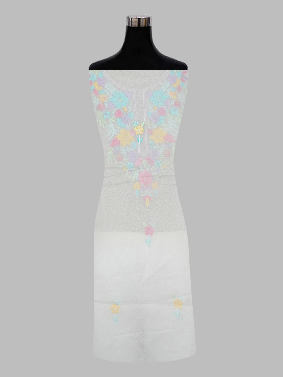 Ada Hand Embroidered White Organza Lucknowi Chikankari Unstitched Kurta Dupatta Set With Parsi Work 01A614752