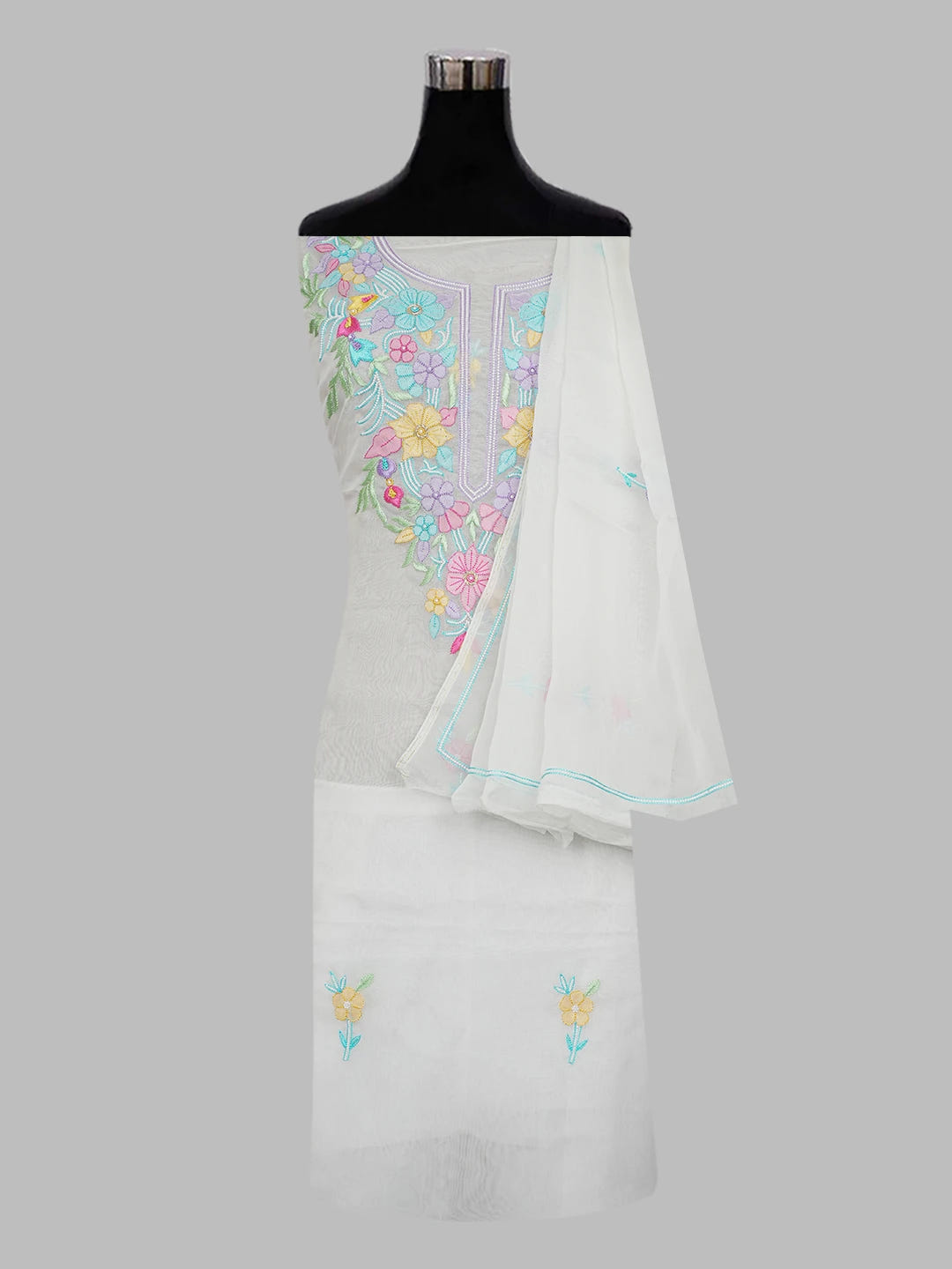 Ada Hand Embroidered White Organza Lucknowi Chikankari Unstitched Kurta Dupatta Set With Parsi Work 01A614752