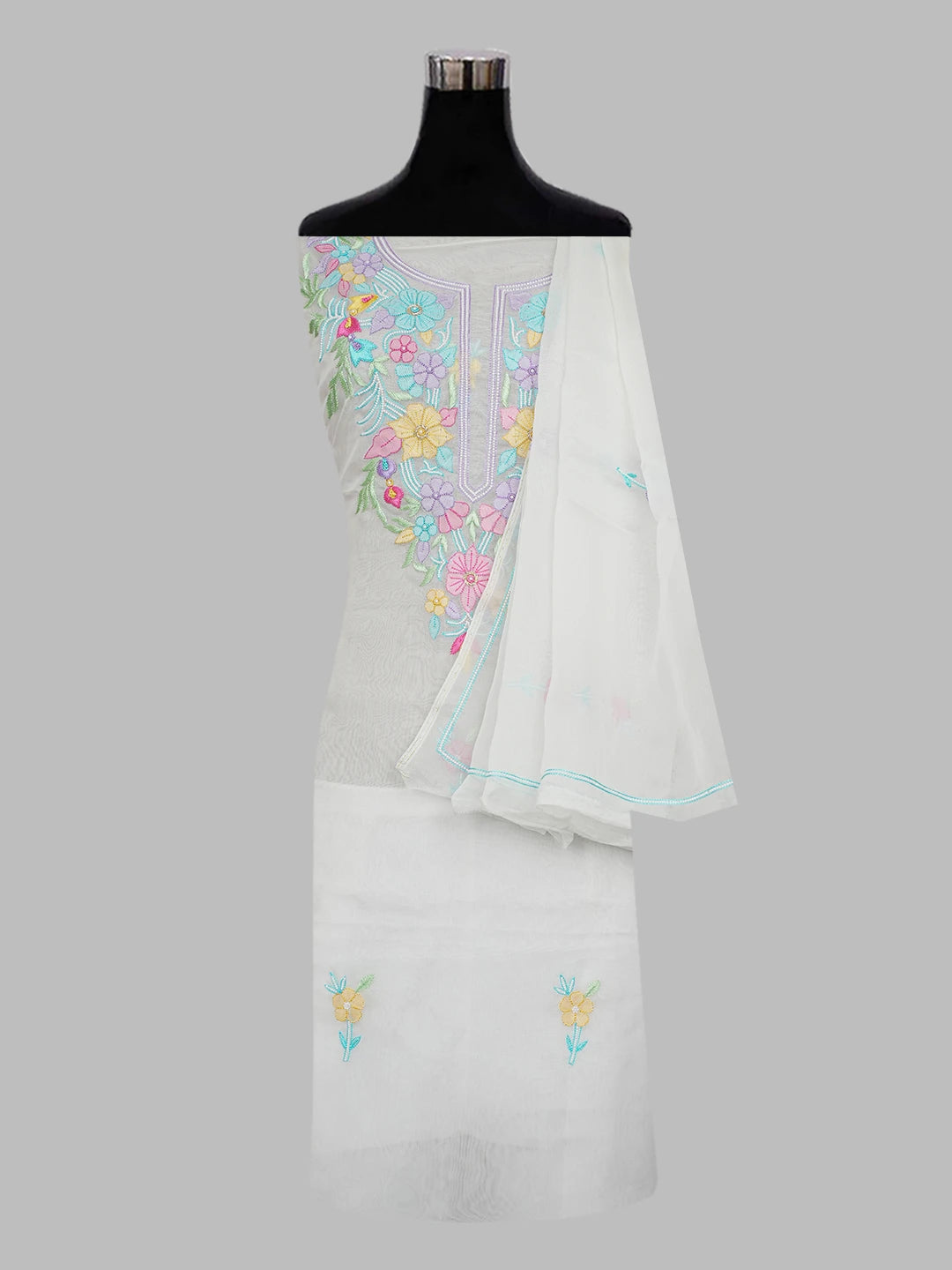 Ada Hand Embroidered White Organza Lucknowi Chikankari Unstitched Kurta Dupatta Set With Parsi Work 01A614752