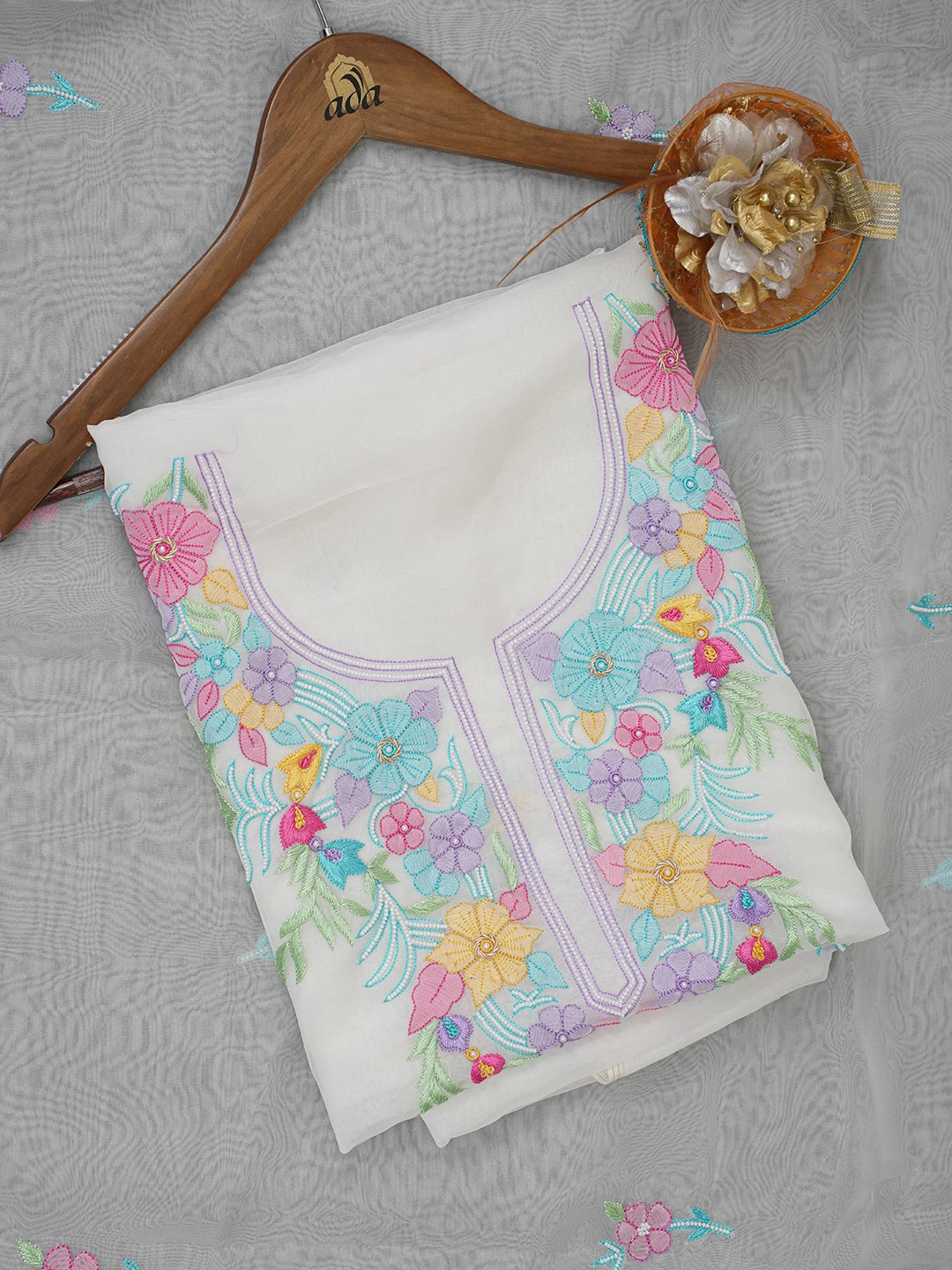 Ada Hand Embroidered White Organza Lucknowi Chikankari Unstitched Kurta Dupatta Set With Parsi Work 01A614752
