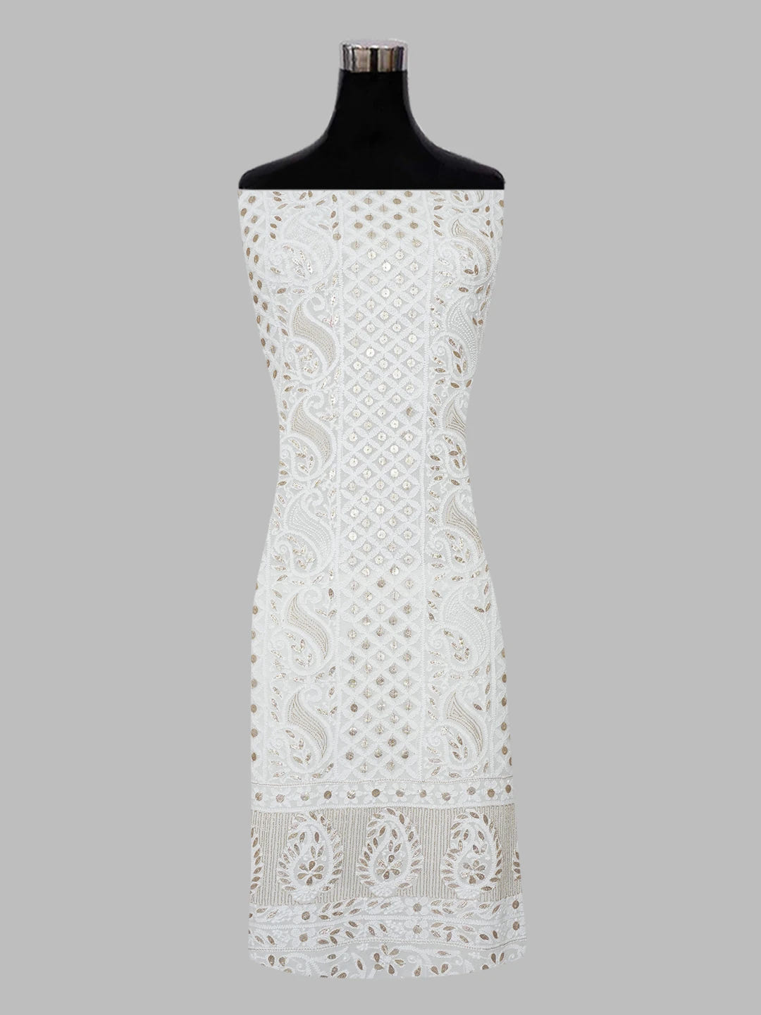 Ada Hand Embroidered White Viscose Georgette Lucknowi Chikankari Unstitched Kurta Dupatta Set with Gota Patti Work 01A612294