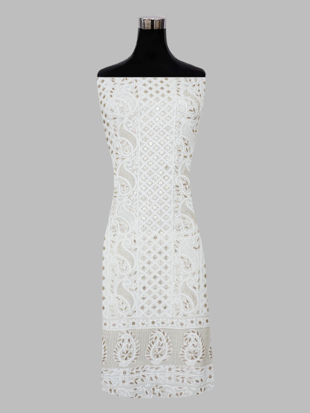 Ada Hand Embroidered White Viscose Georgette Lucknowi Chikankari Unstitched Kurta Dupatta Set with Gota Patti Work 01A612294