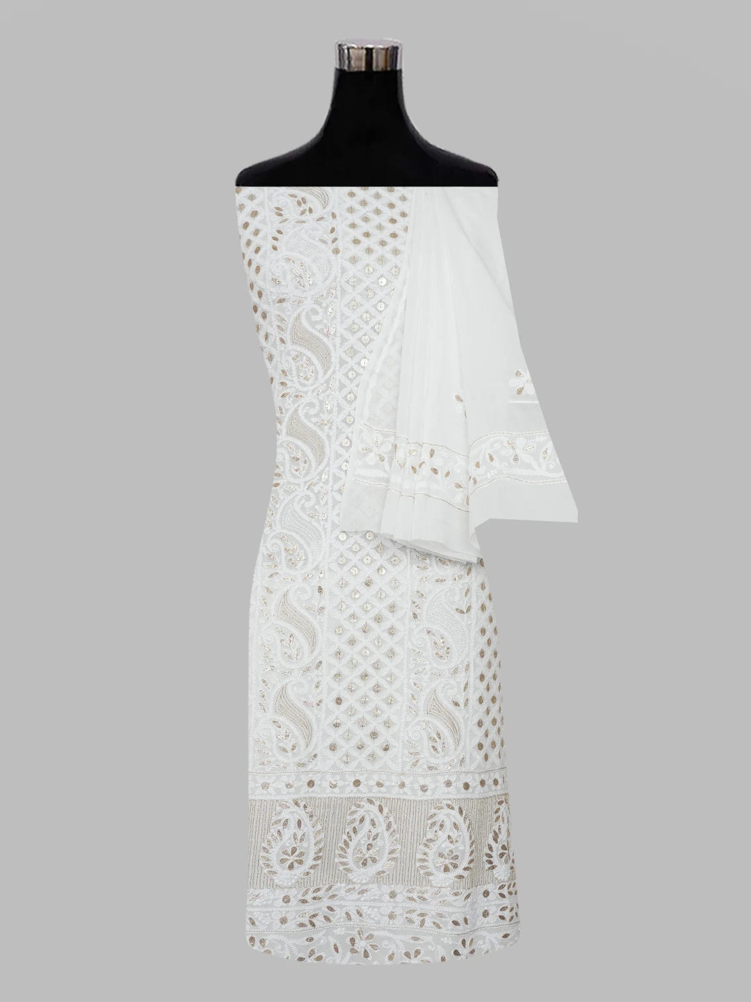 Ada Hand Embroidered White Viscose Georgette Lucknowi Chikankari Unstitched Kurta Dupatta Set with Gota Patti Work 01A612294