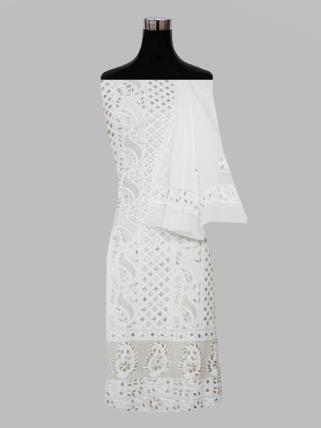 Ada Hand Embroidered White Viscose Georgette Lucknowi Chikankari Unstitched Kurta Dupatta Set with Gota Patti Work 01A612294
