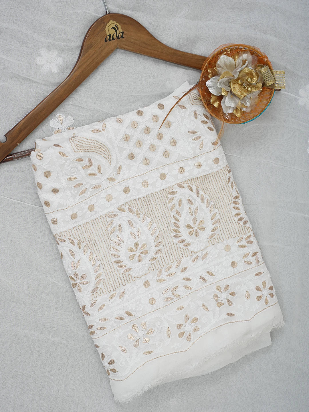 Ada Hand Embroidered White Viscose Georgette Lucknowi Chikankari Unstitched Kurta Dupatta Set with Gota Patti Work 01A612294