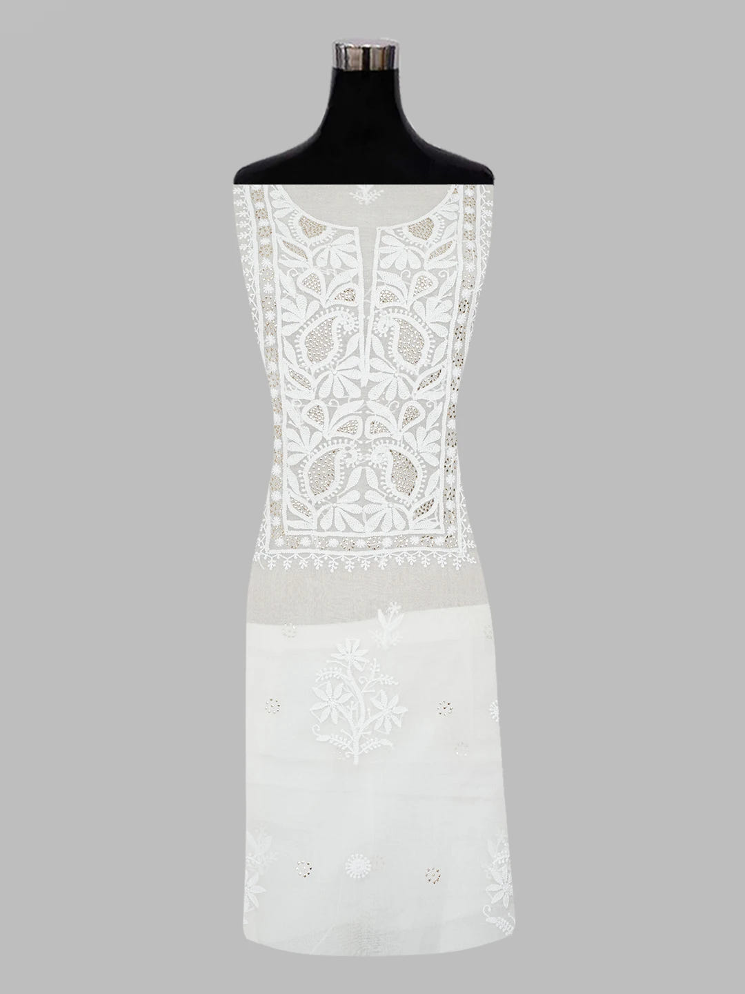 Ada Hand Embroidered White Organza Lucknowi Chikankari Unstitched Kurta Dupatta Set with Muqaish Work 01A597720