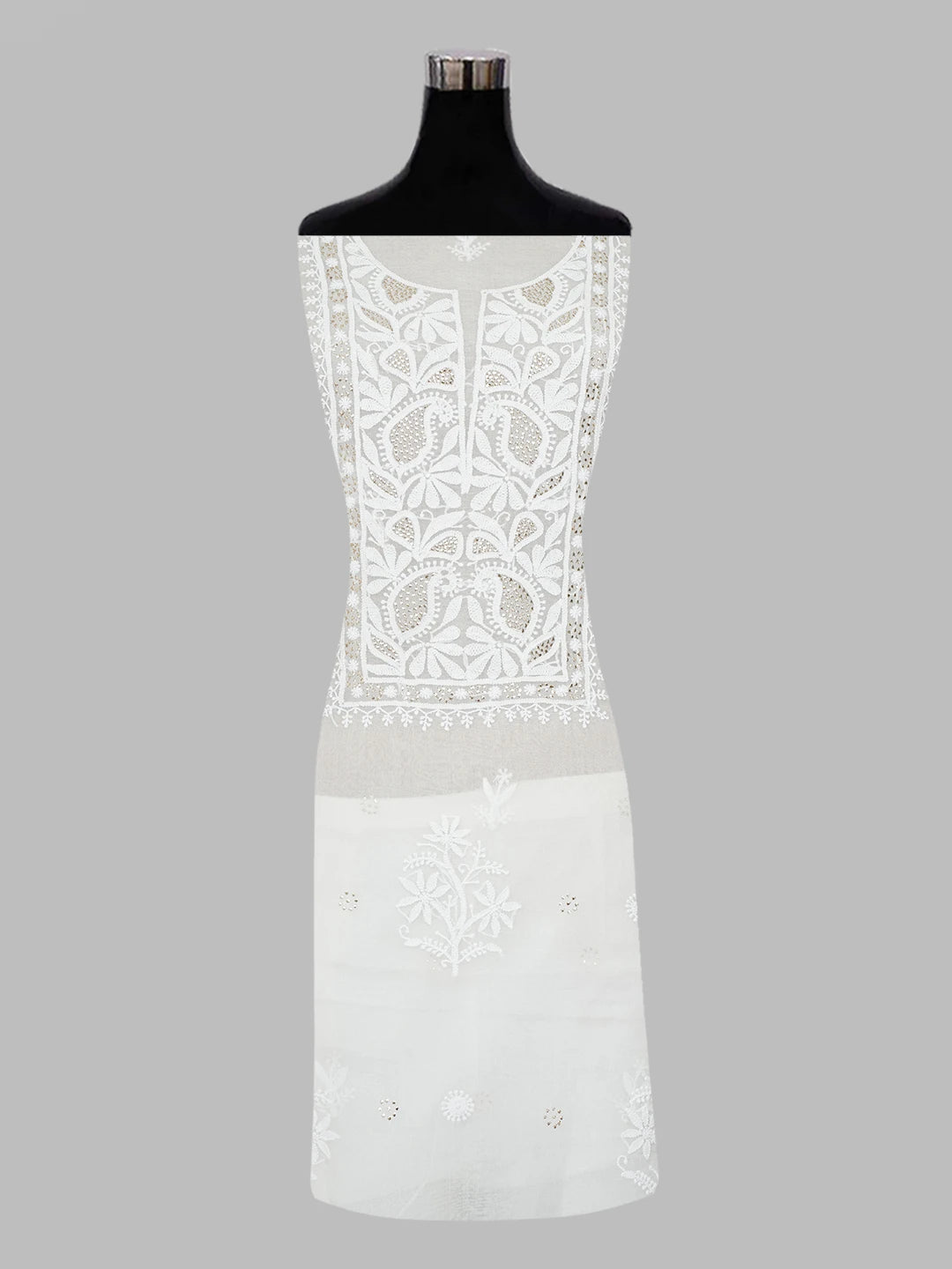 Ada Hand Embroidered White Organza Lucknowi Chikankari Unstitched Kurta Dupatta Set with Muqaish Work 01A597720
