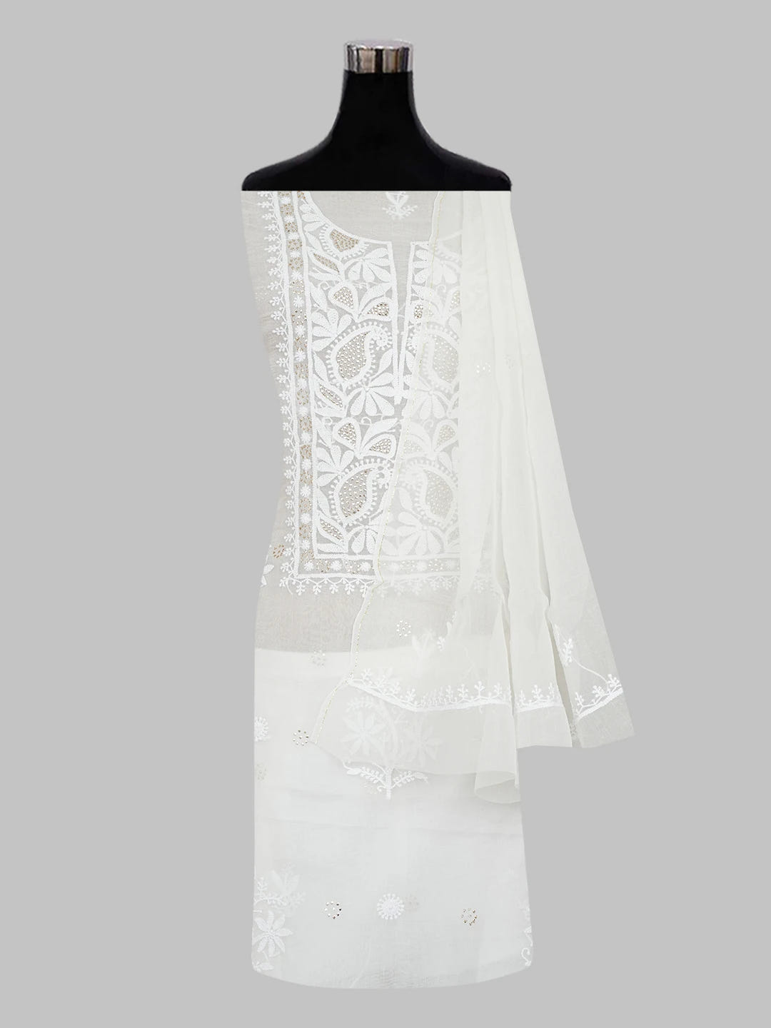 Ada Hand Embroidered White Organza Lucknowi Chikankari Unstitched Kurta Dupatta Set with Muqaish Work 01A597720