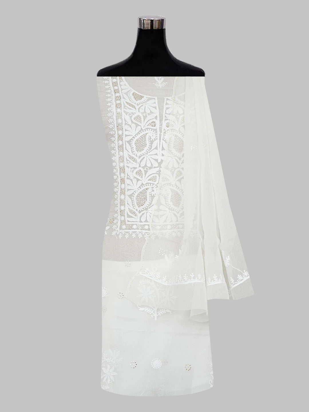 Ada Hand Embroidered White Organza Lucknowi Chikankari Unstitched Kurta Dupatta Set with Muqaish Work 01A597720