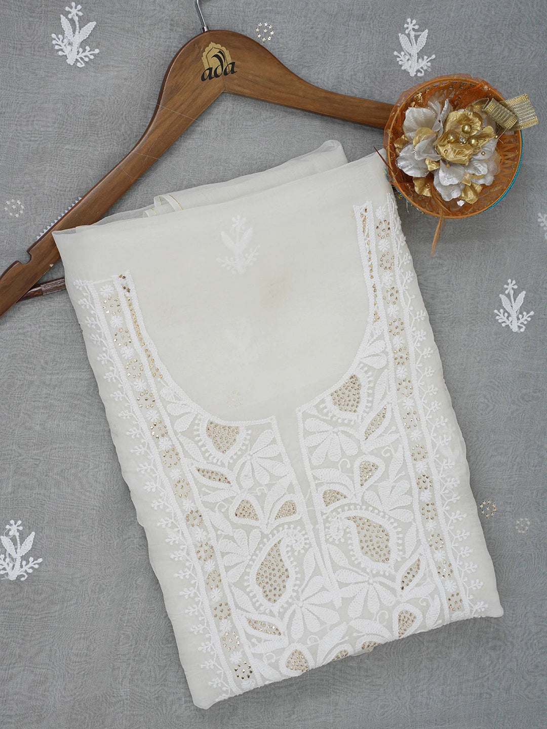 Ada Hand Embroidered White Organza Lucknowi Chikankari Unstitched Kurta Dupatta Set with Muqaish Work 01A597720