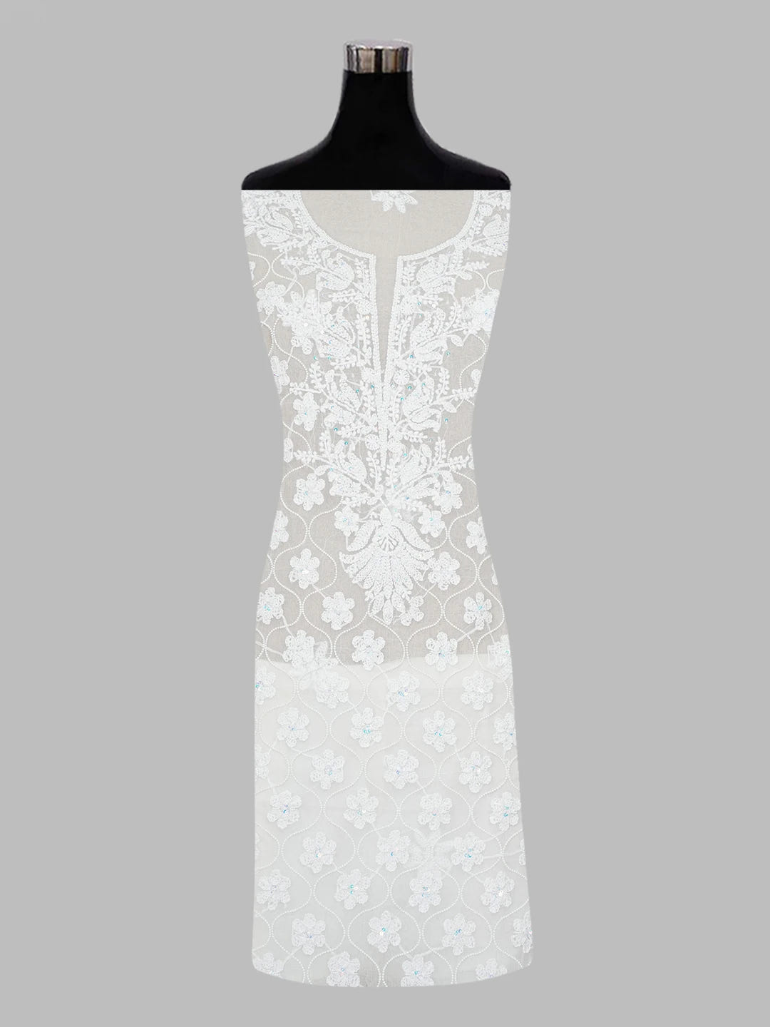 Ada Hand Embroidered White Organza Lucknowi Chikankari Unstitched Kurta Dupatta Set with Pearl Work 01A610604