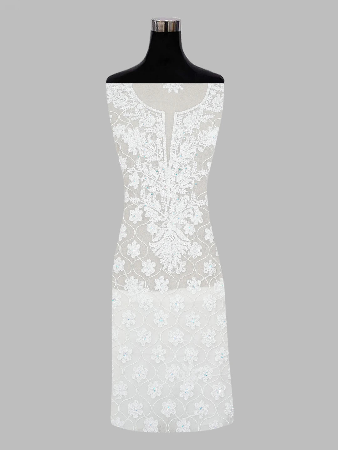 Ada Hand Embroidered White Organza Lucknowi Chikankari Unstitched Kurta Dupatta Set with Pearl Work 01A610604